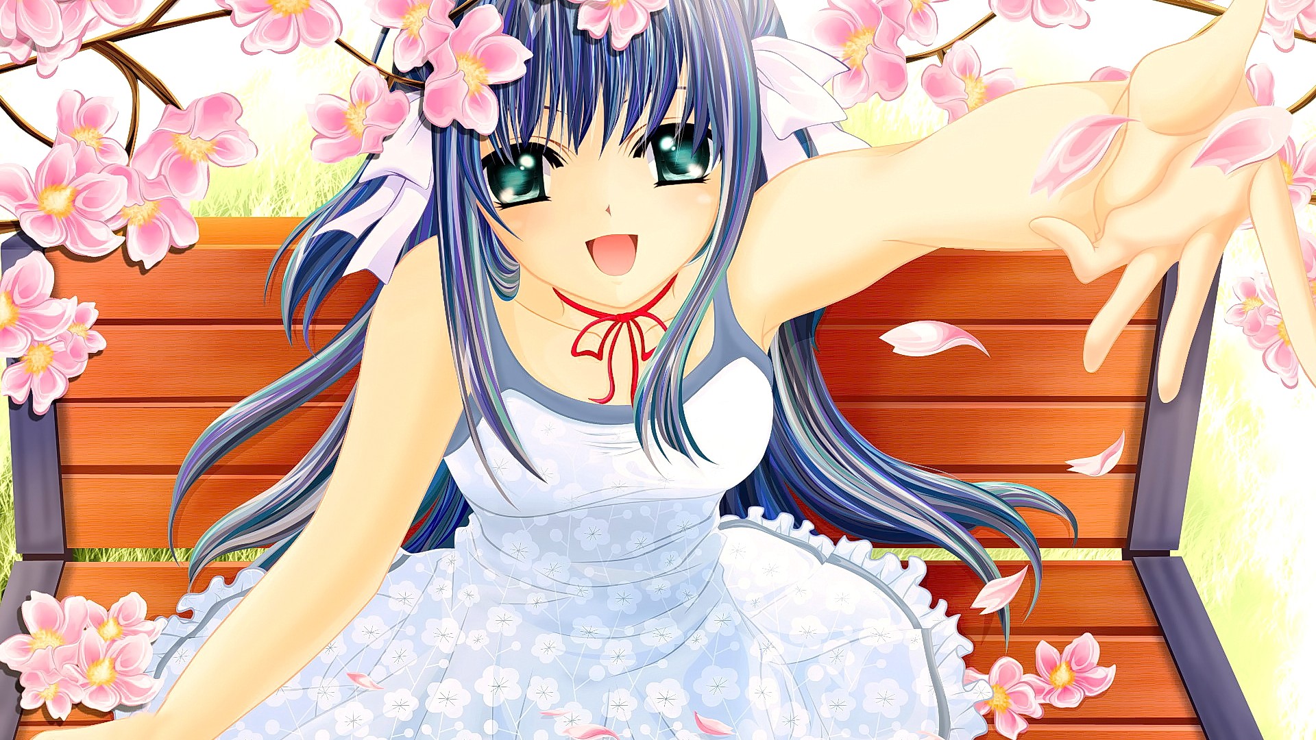 746245 скачать обои аниме, перемешать!, аква глаза, синие волосы, цветок, длинные волосы, розовый цветок, белое платье, яэ сакура (перемешать!) - заставки и картинки бесплатно