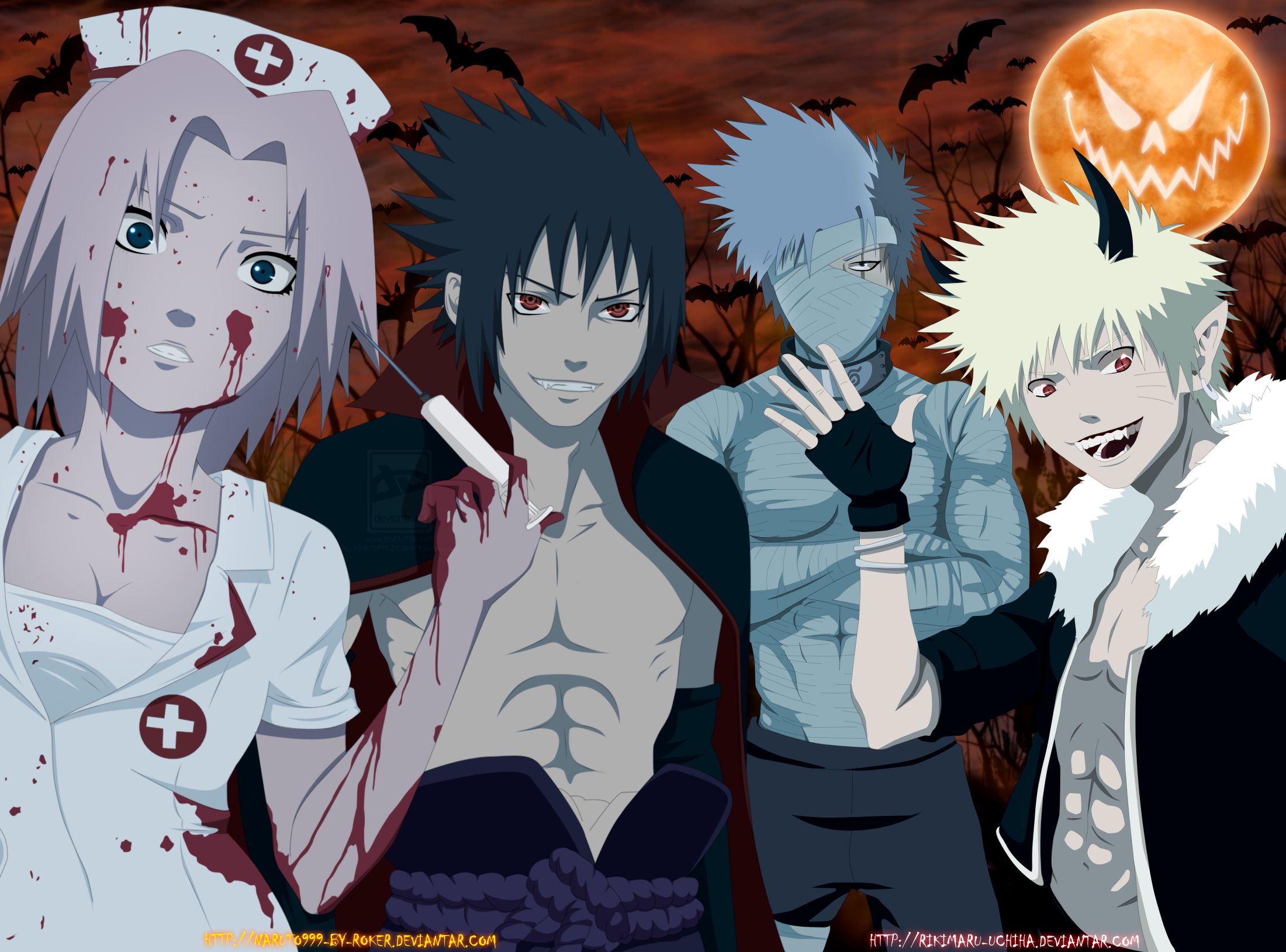 Laden Sie das Halloween, Naruto, Animes, Sasuke Uchiha, Sakura Haruno, Naruto Uzumaki, Kakashi Hatake-Bild kostenlos auf Ihren PC-Desktop herunter