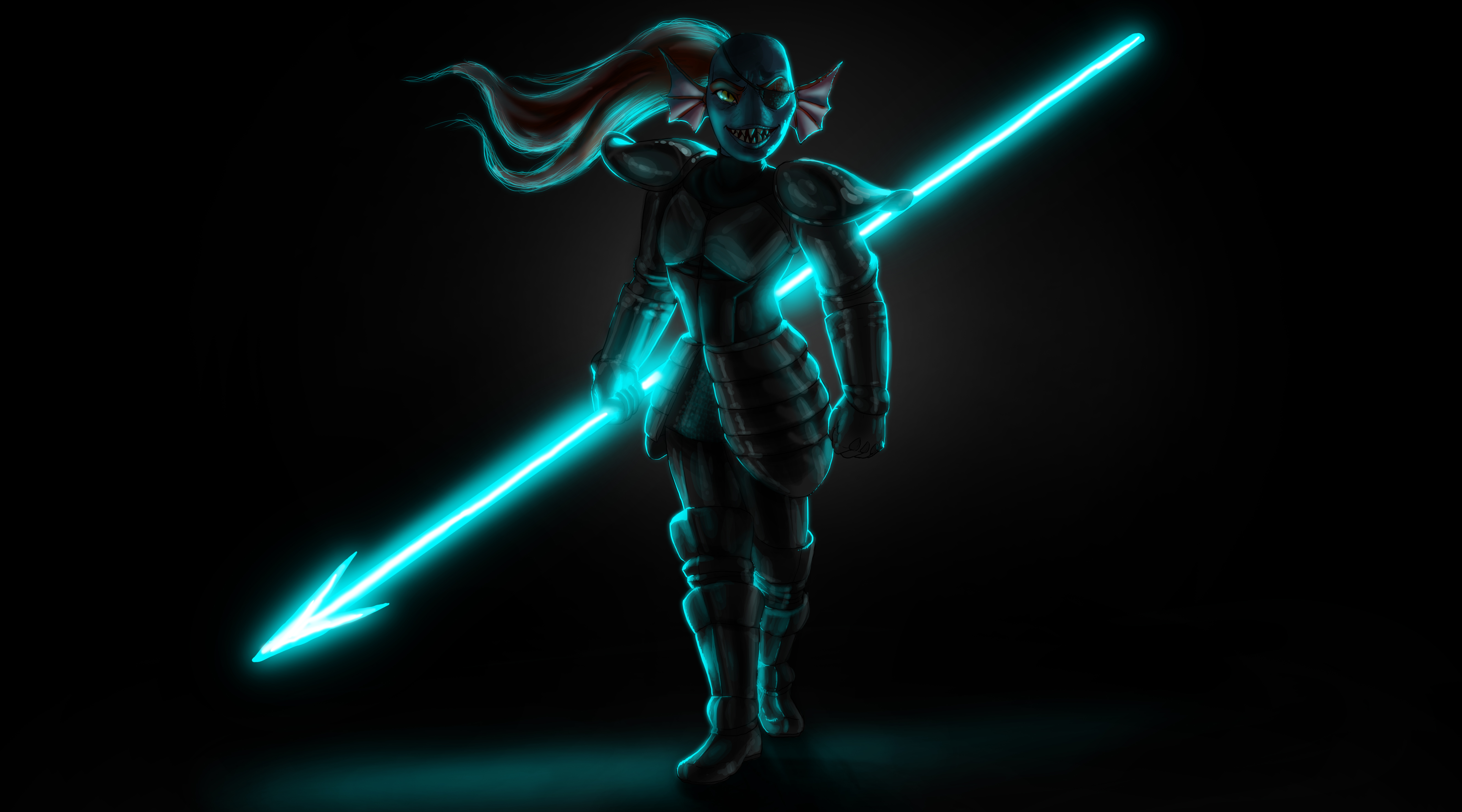 video game, undertale, armor, boots, eye patch, glove, glow, smile, spear, teeth, undyne (undertale), weapon