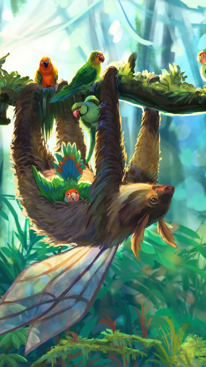 sloth, fantasy, animal, bird, parrot, fantasy animals Phone Background