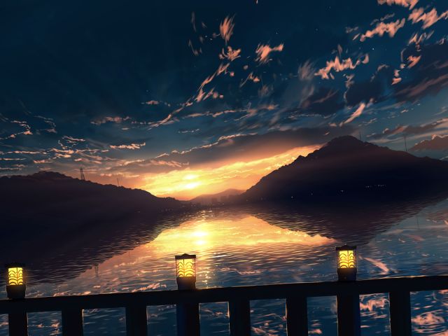 Free download wallpaper Anime, Water, Sunset, Hill, Cloud on your PC desktop