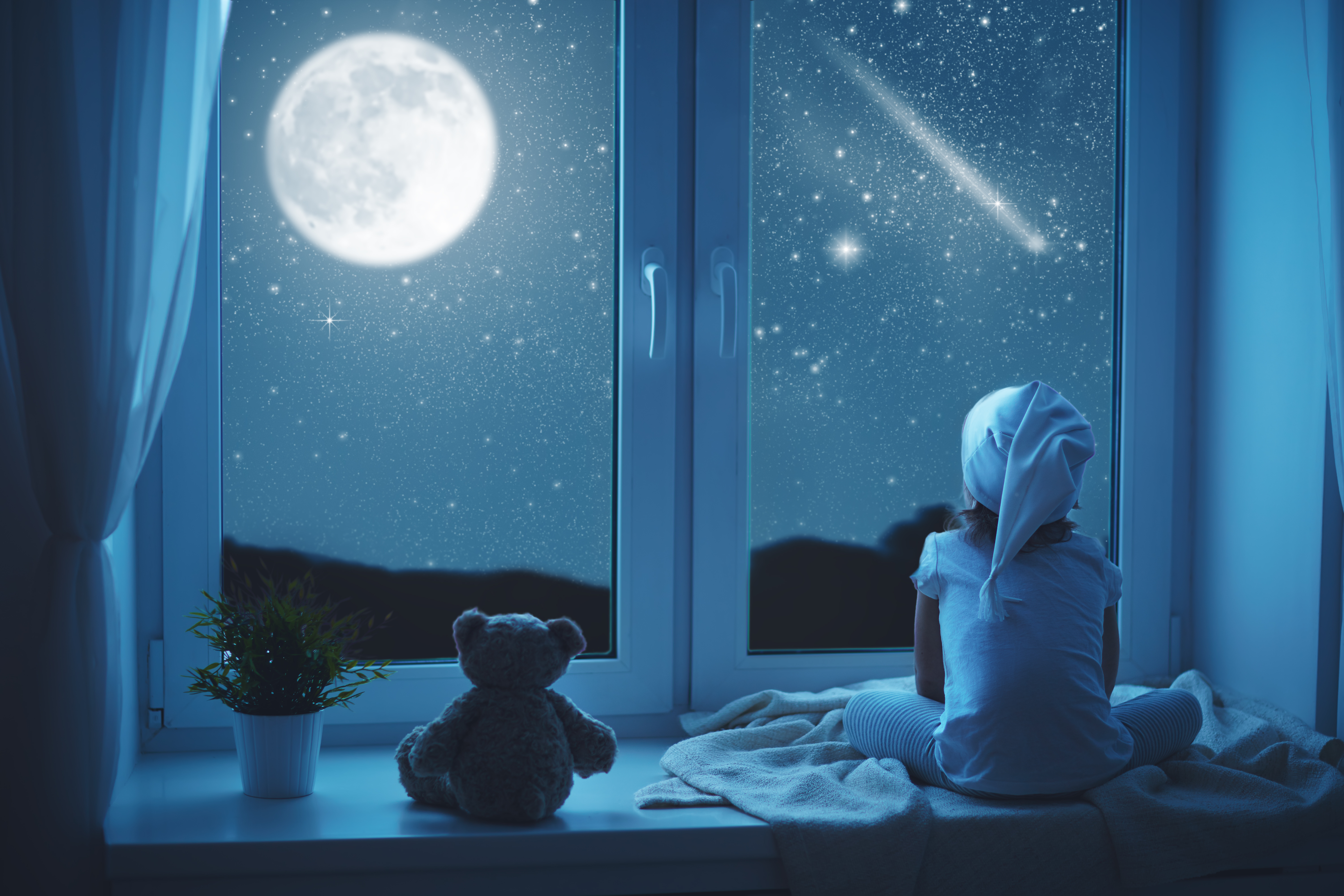 Free download wallpaper Sky, Stars, Night, Moon, Teddy Bear, Child, Photography, Stuffed Animal on your PC desktop