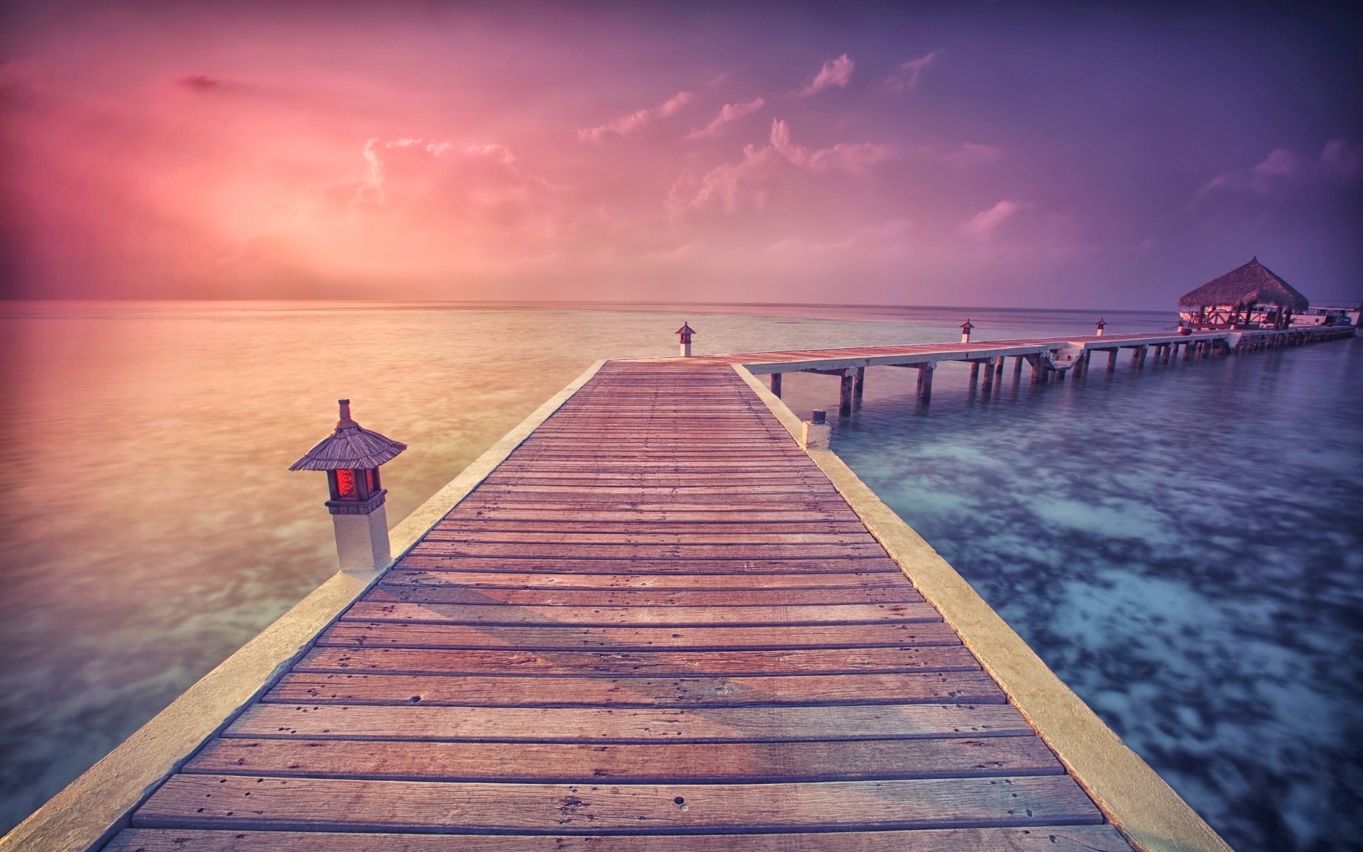 Download mobile wallpaper Sunset, Sky, Sea, Horizon, Pier, Ocean, Man Made for free.