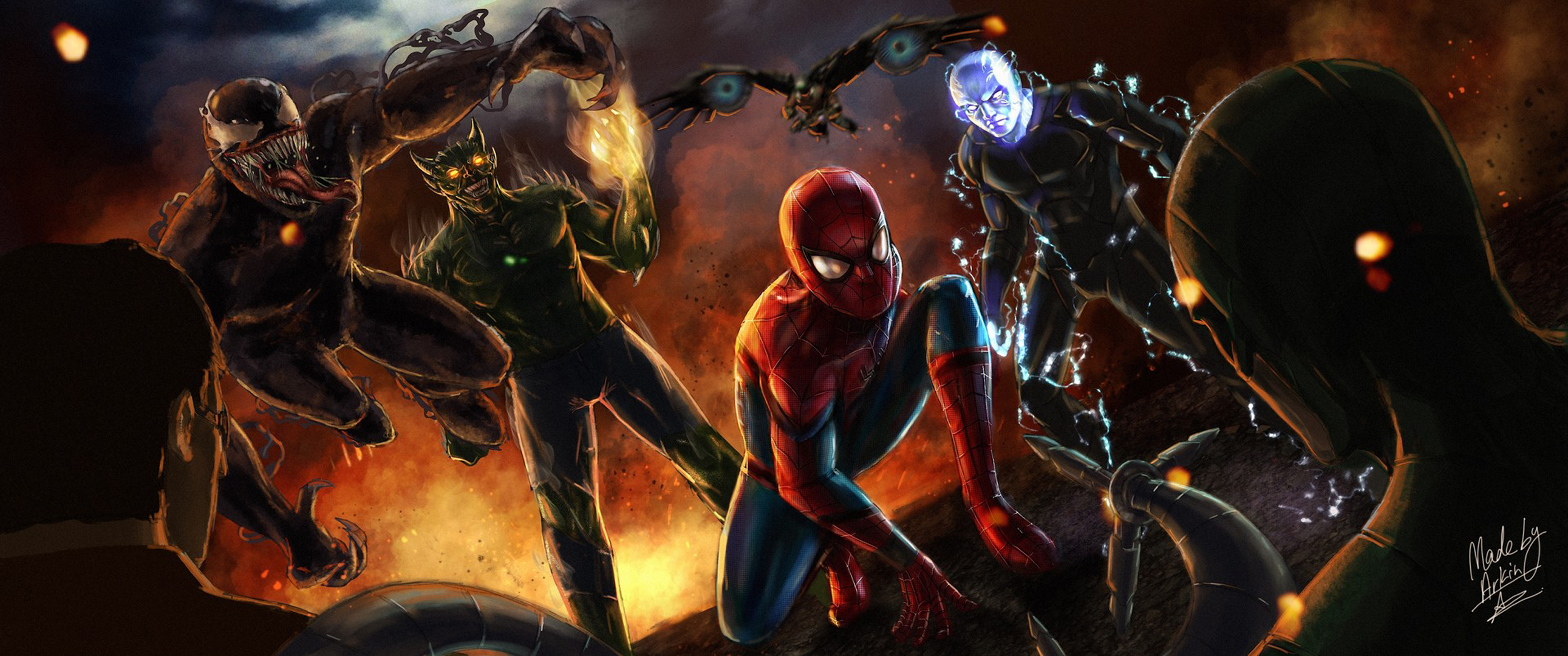 comics, spider man, doctor octopus, electro (marvel comics), green goblin, venom, vulture (marvel comics)