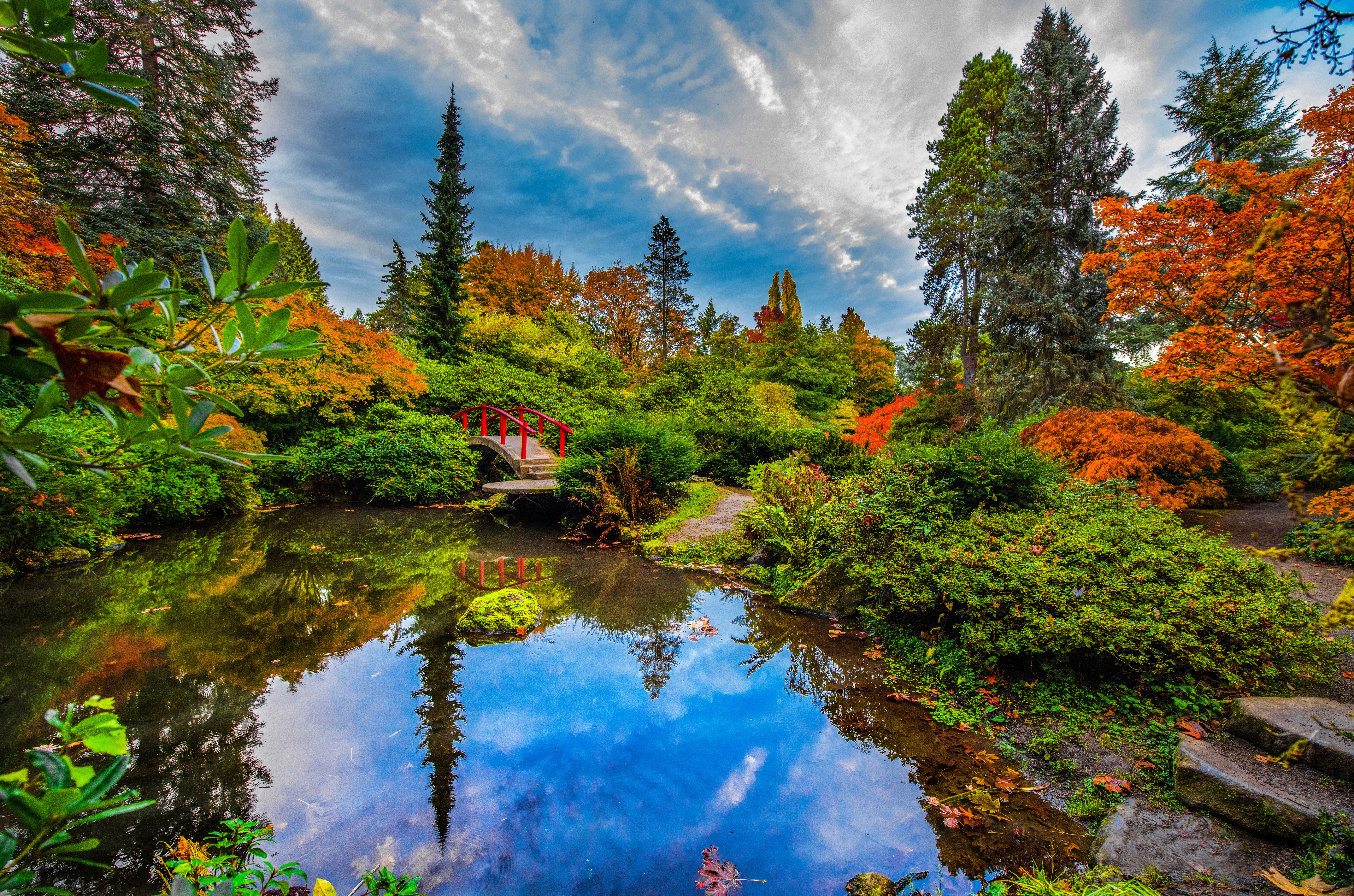 Скачать картинку Осень, Отражение, Мост, Куст, Пруд, Сиэтл, Сделано Человеком, Японский Сад в телефон бесплатно.
