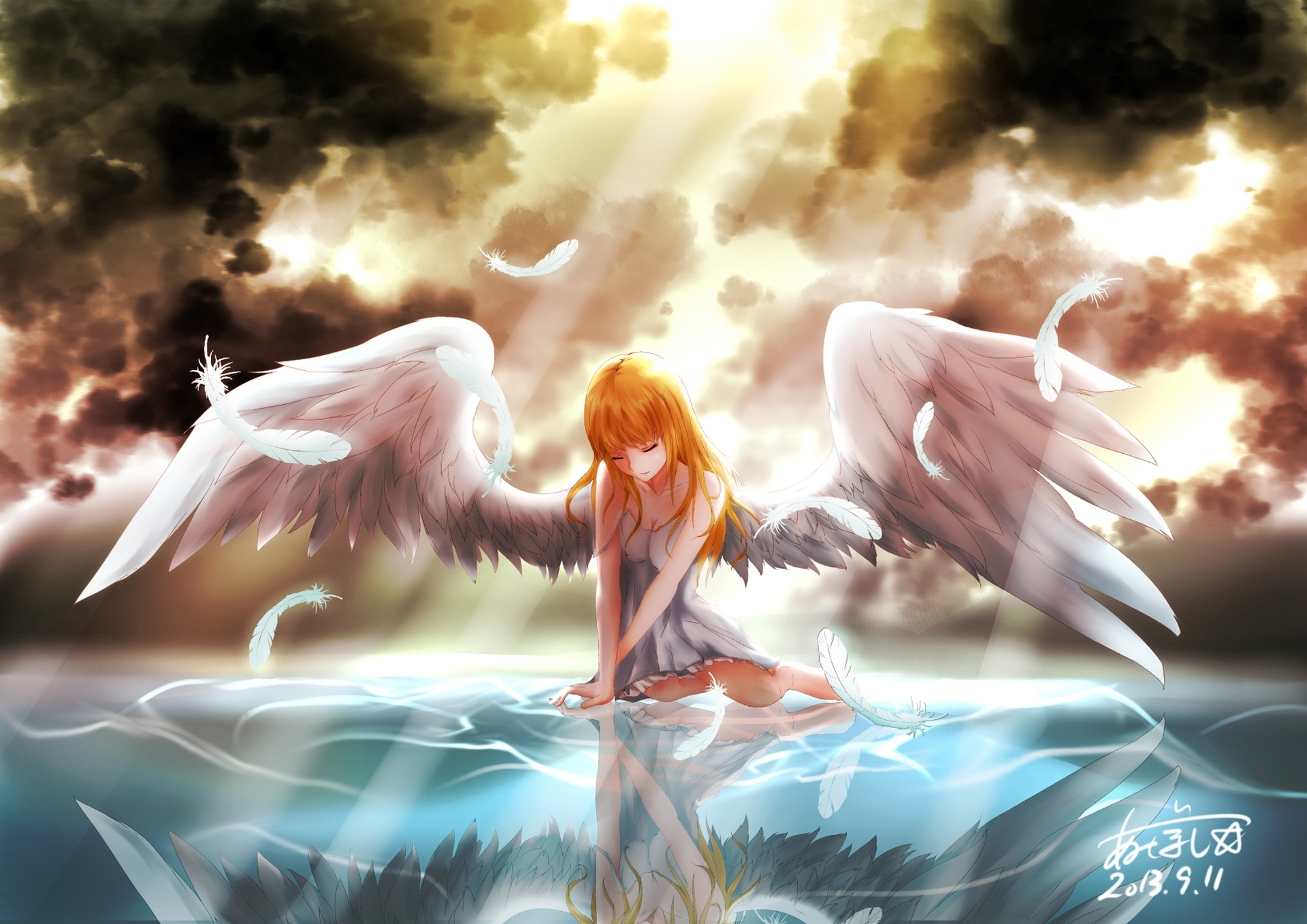 Download mobile wallpaper Anime, Water, Fantasy, Feather, Reflection, Redhead, Wings, Angel, Cloud, Sunbeam for free.