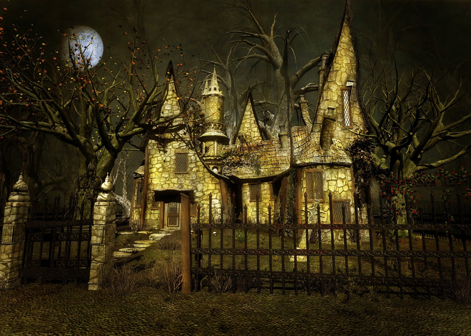 Download mobile wallpaper Fantasy, House, Fence, Artistic, Spooky for free.