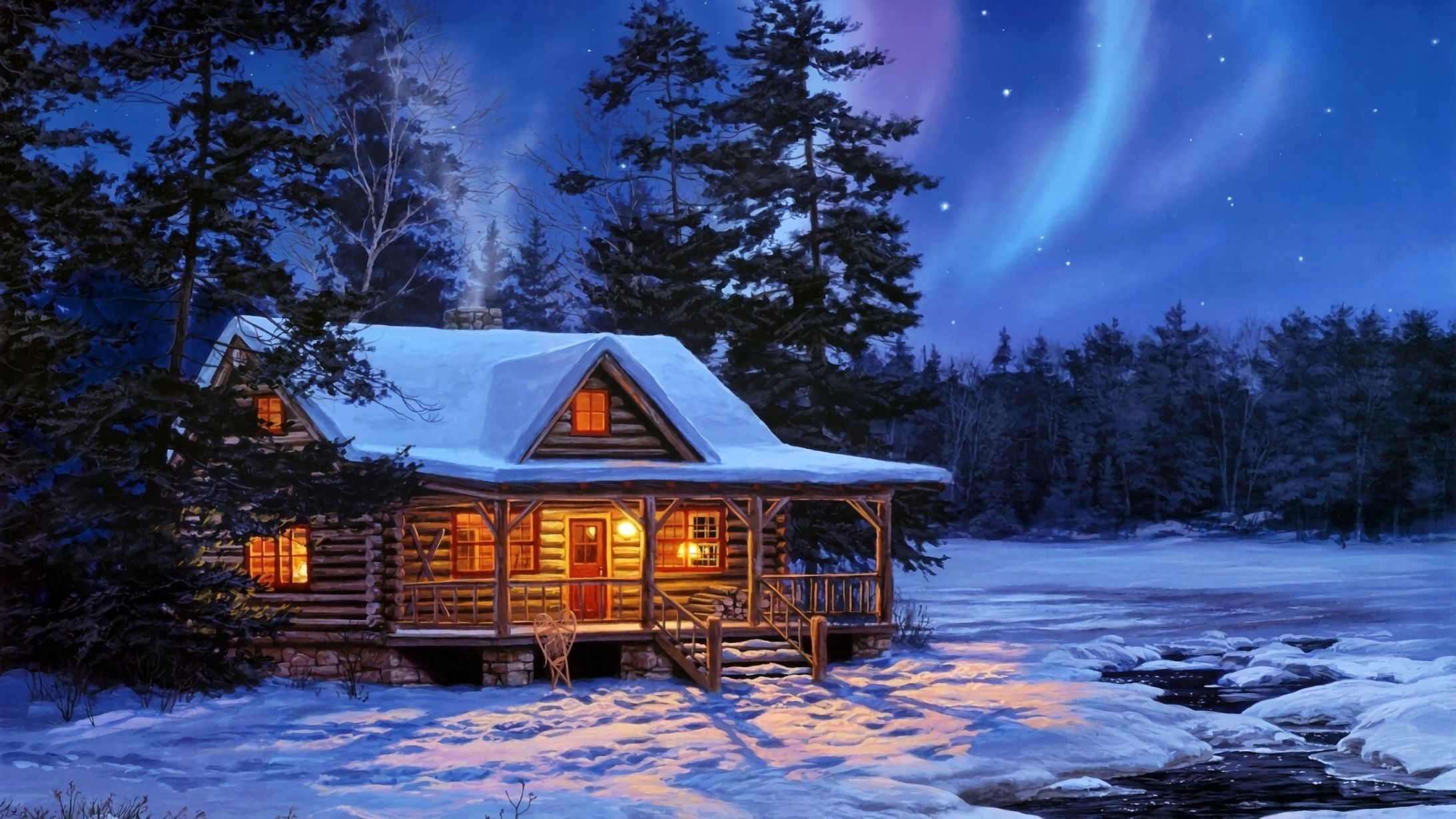 Скачать картинку Зима, Небо, Снег, Свет, Дерево, Домик, Художественные в телефон бесплатно.