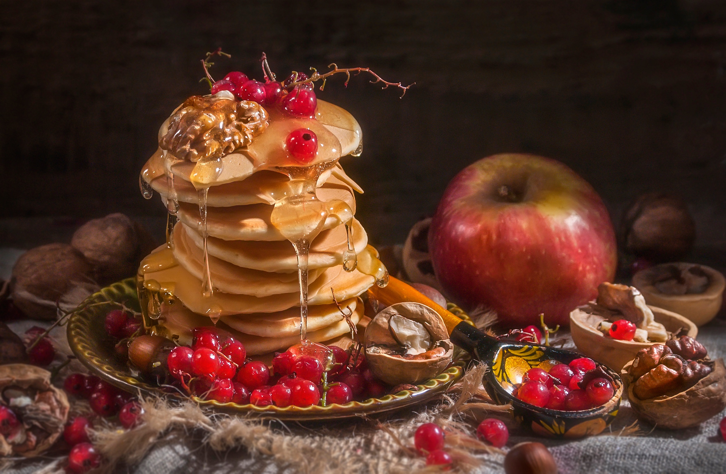 Download mobile wallpaper Food, Apple, Still Life, Berry, Honey, Pancake, Currants for free.