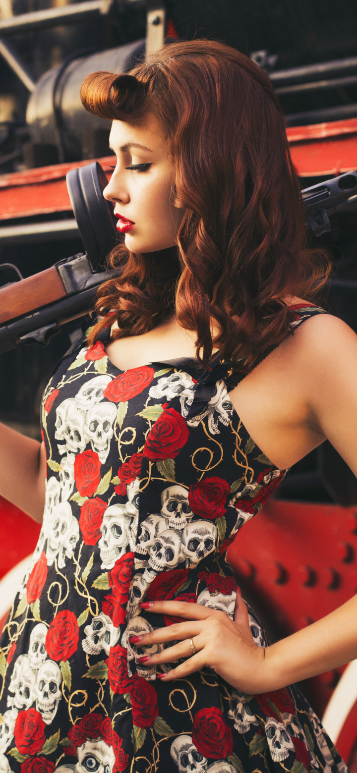Download mobile wallpaper Redhead, Dress, Model, Women, Lipstick, Girls & Guns for free.