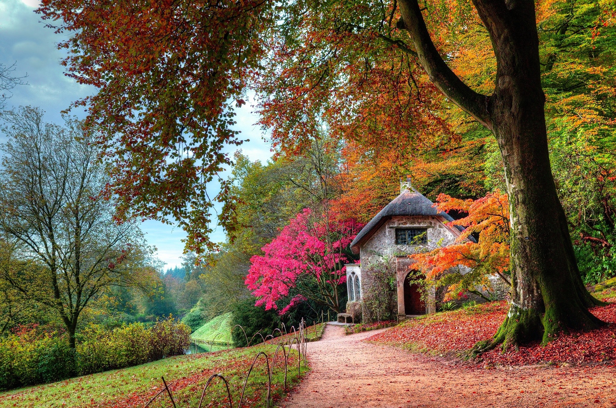 PCデスクトップに木, 秋, 道, 教会, 宗教的画像を無料でダウンロード