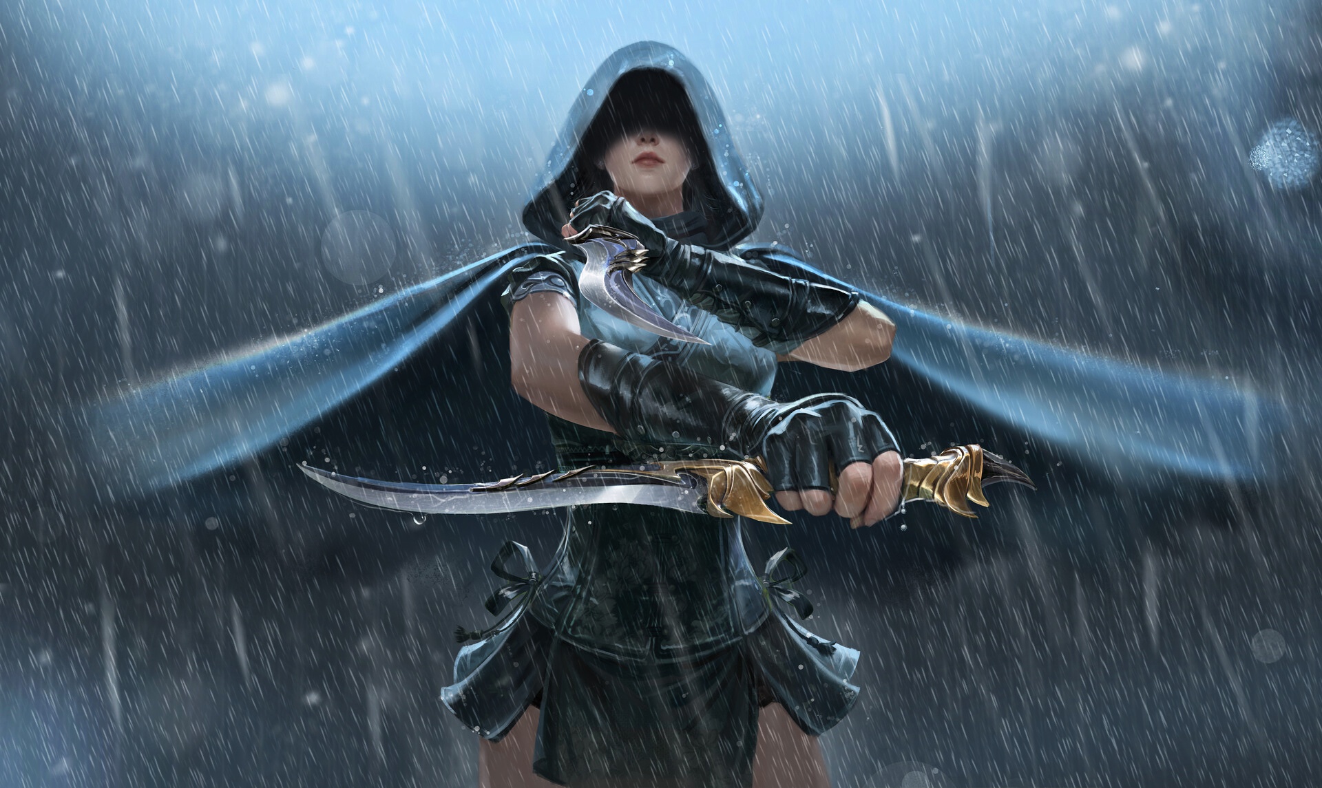 PCデスクトップにファンタジー, 雨, フード, 短剣, 女戦士画像を無料でダウンロード