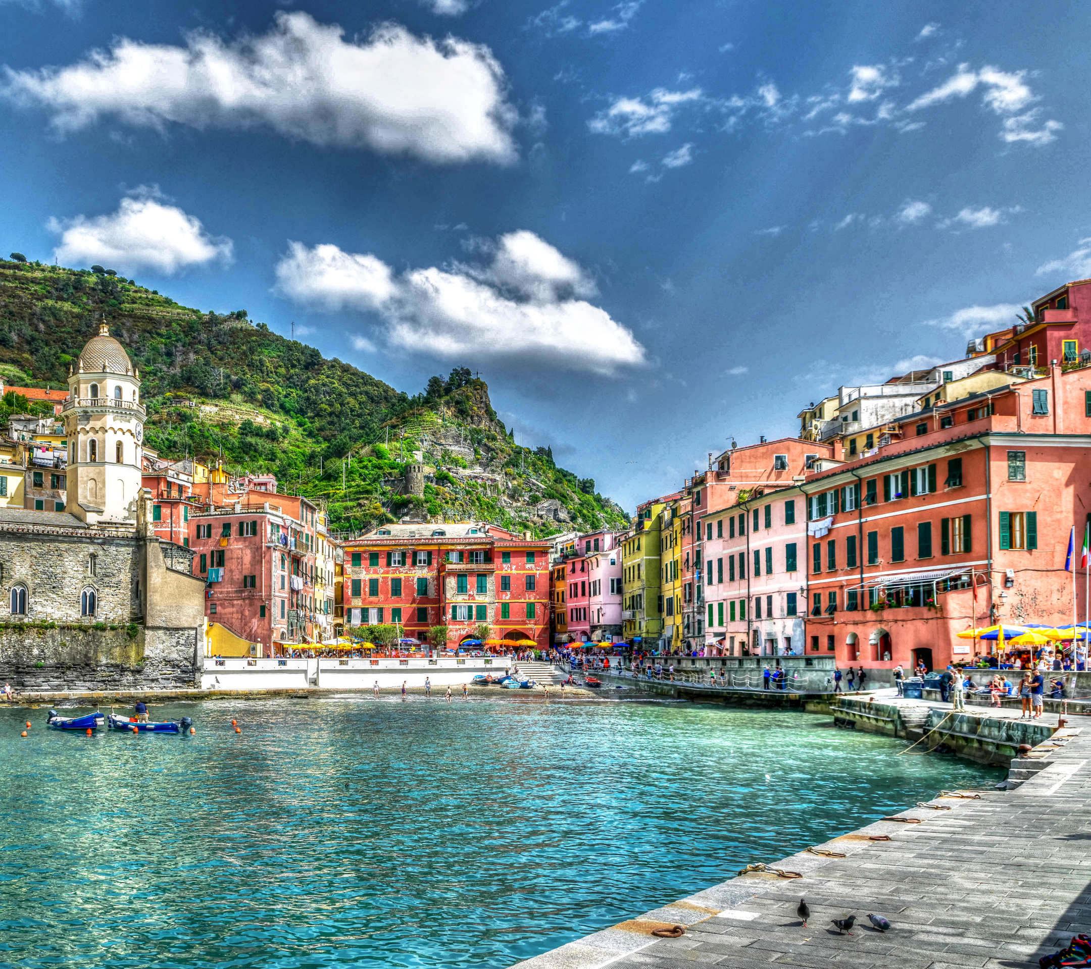 Free download wallpaper Italy, Building, Mountain, Coast, Boat, Hdr, Dome, Manarola, Man Made, Towns on your PC desktop