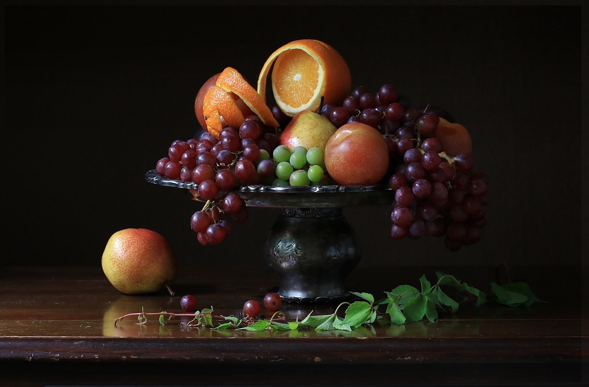 Download mobile wallpaper Food, Grapes, Still Life, Fruit, Vase, Pear, Orange (Fruit) for free.