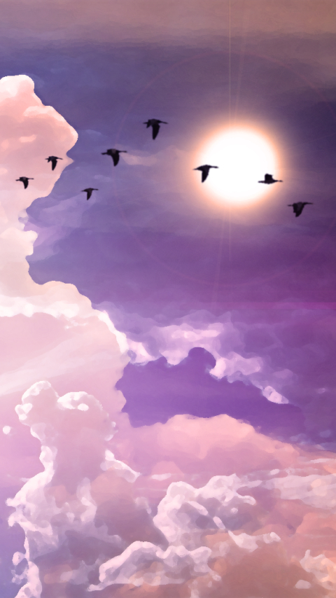 Download mobile wallpaper Sun, Bird, Painting, Artistic, Cloud, Flying, Sunshine for free.