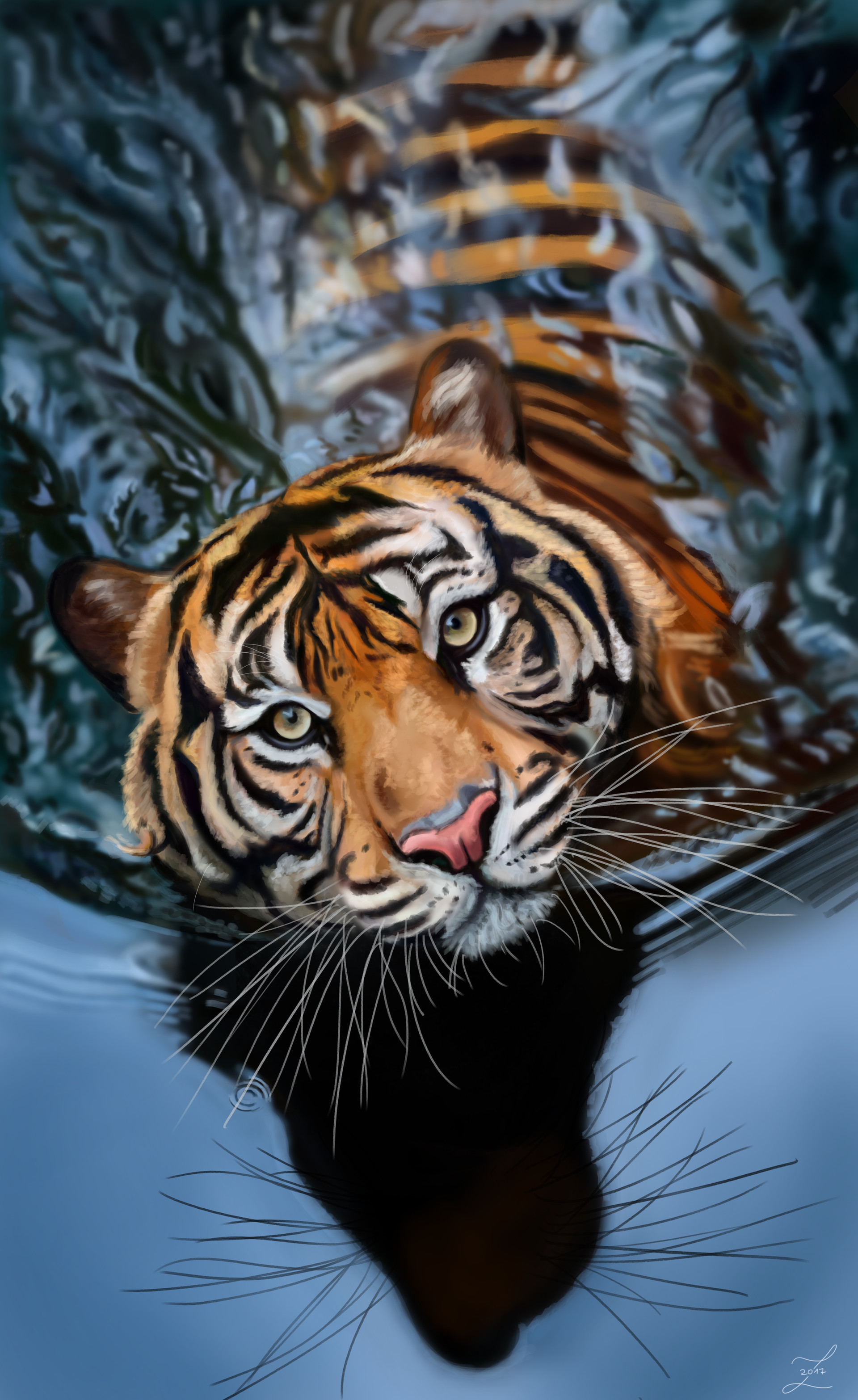 92902 завантажити картинку великий кіт, вода, арт, смугастий, хижак, велика кішка, тигр - шпалери і заставки безкоштовно