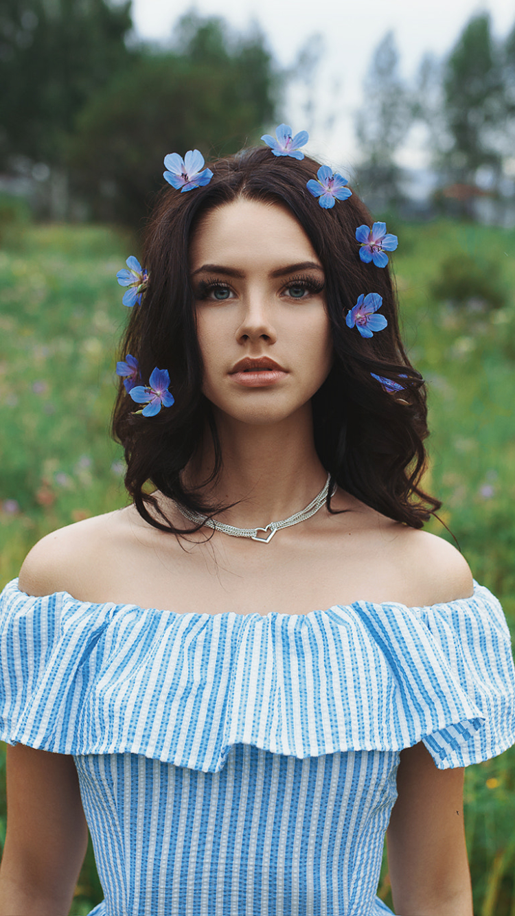 Download mobile wallpaper Brunette, Model, Women, Blue Eyes, Depth Of Field, Blue Flower for free.