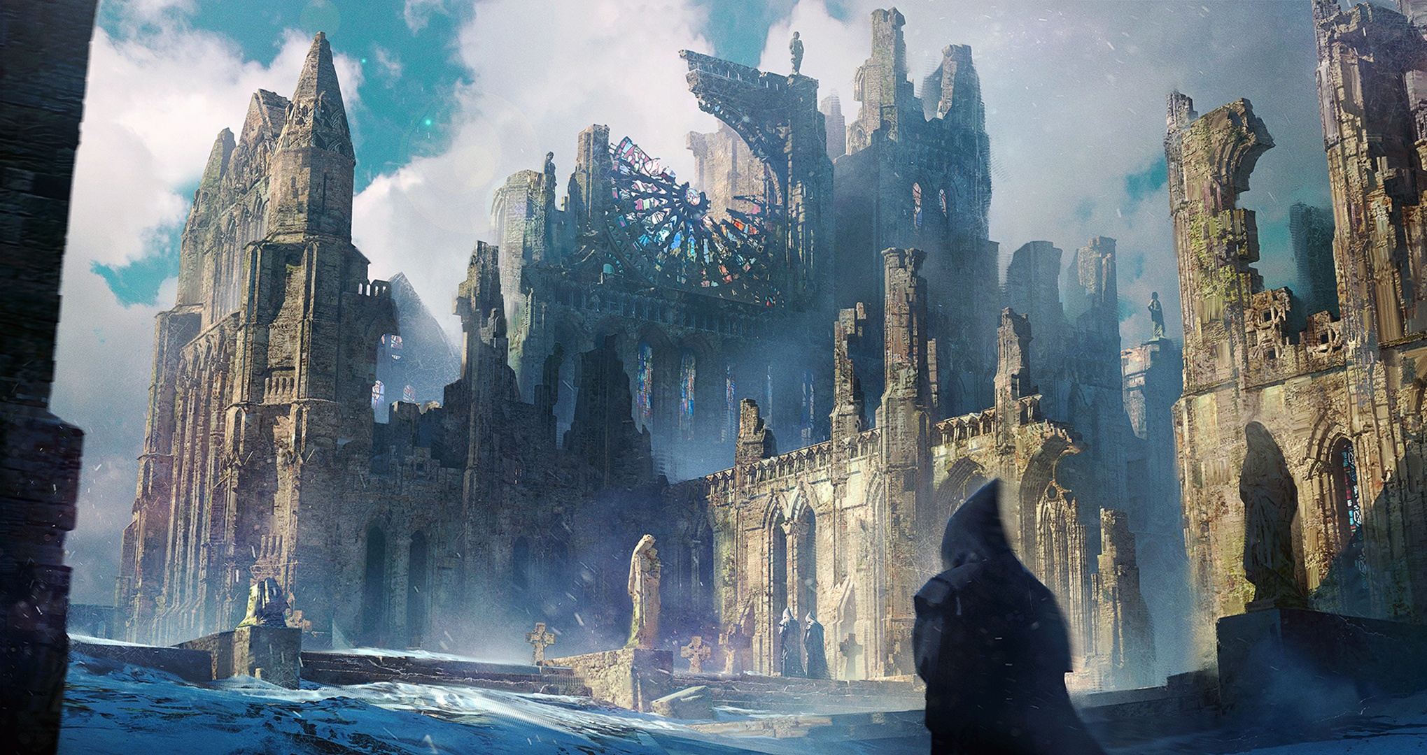 Free download wallpaper Fantasy, Statue, Ruin, Cathedral, Religious on your PC desktop