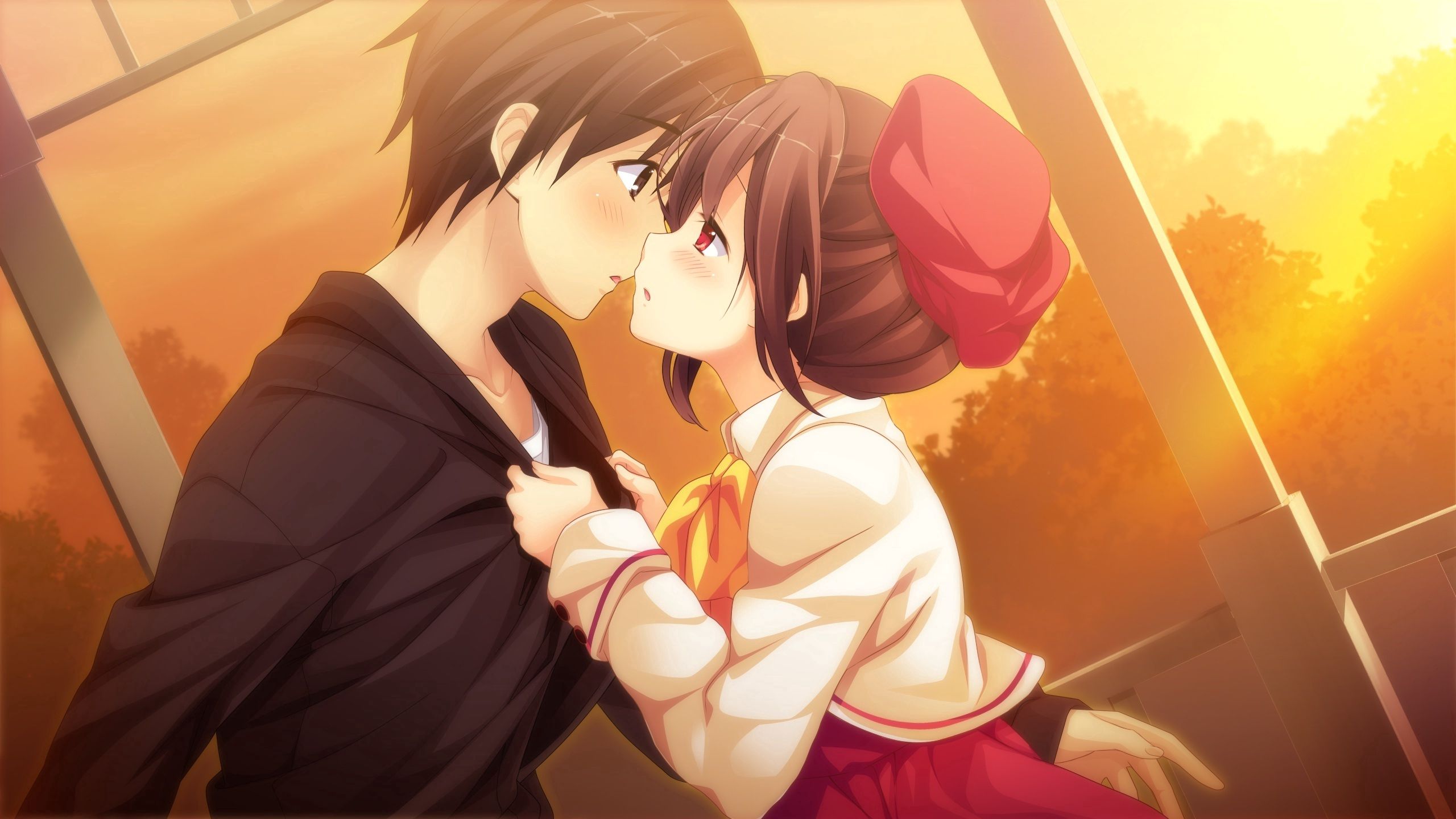 kiss, anime, sunset, art, couple, pair, girl, guy