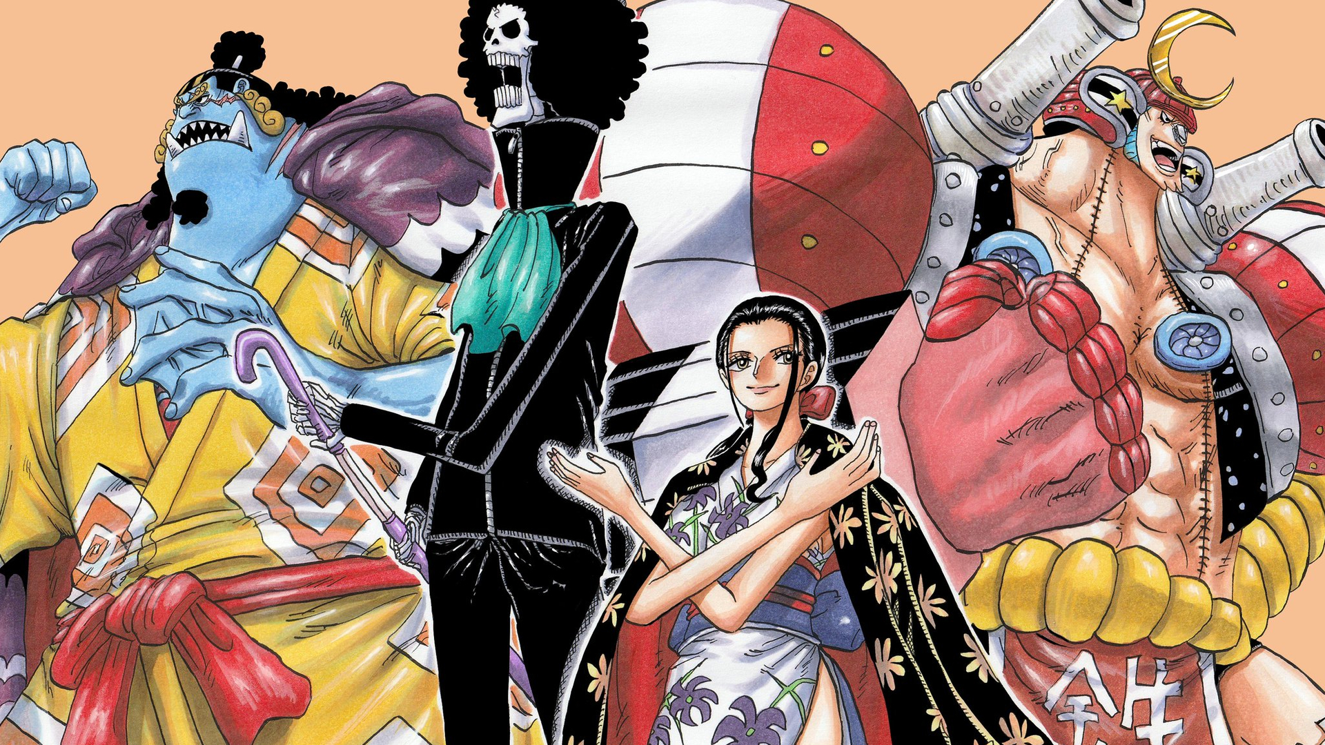 Handy-Wallpaper Animes, One Piece, Bach (Einteiler), Nico Robin, Franky (Einteiler), Jinbe (Einteiler) kostenlos herunterladen.