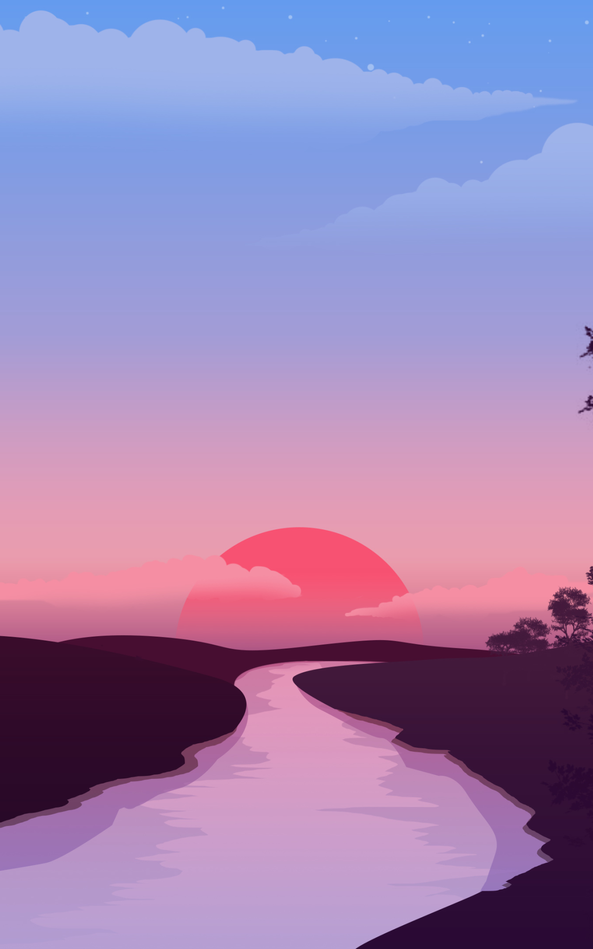 Download mobile wallpaper Sunset, Sun, Pink, Artistic, River for free.