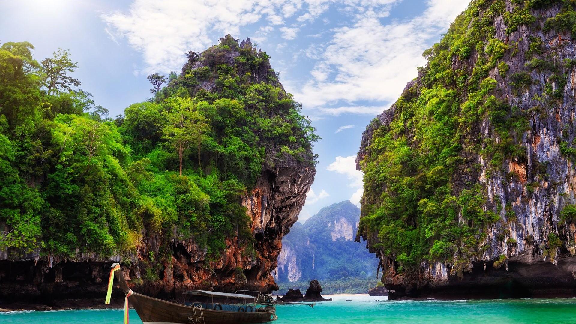 Free download wallpaper Rock, Earth, Boat, Thailand on your PC desktop