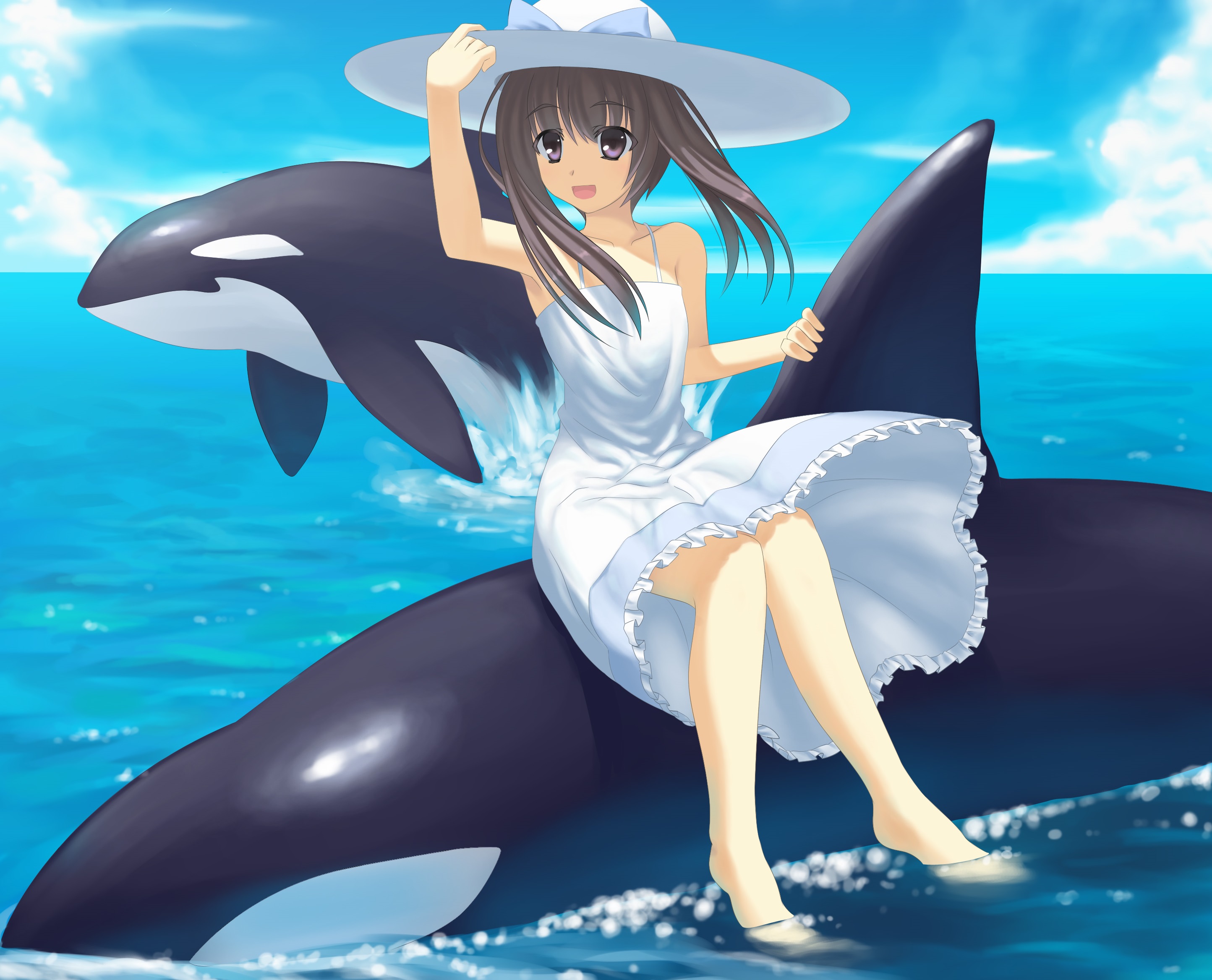 Download mobile wallpaper Anime, Smile, Hat, Original, Long Hair, Brown Hair, Grey Eyes, Bow (Clothing), Orca for free.