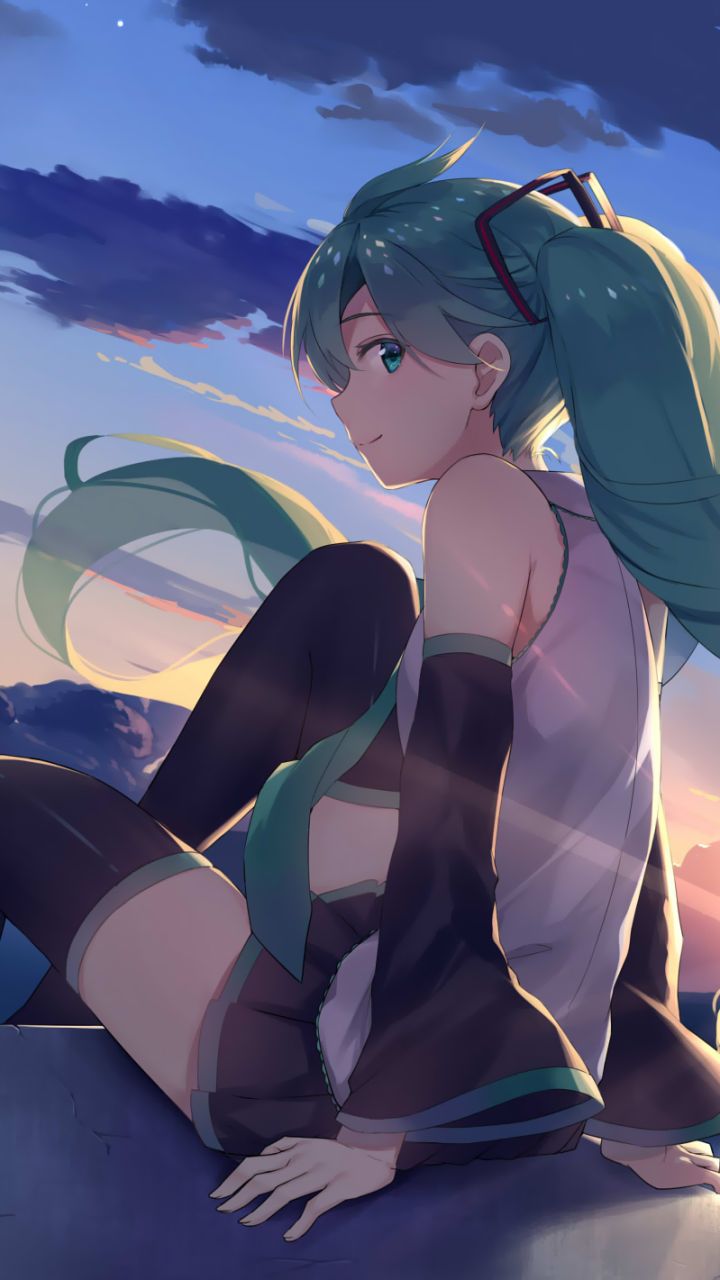 Descarga gratuita de fondo de pantalla para móvil de Vocaloid, Pelo Verde, Falda, Ojos Verdes, Animado, Atardecer, Pelo Largo, Hatsune Miku, Colas Gemelas, Puesta De Sol.