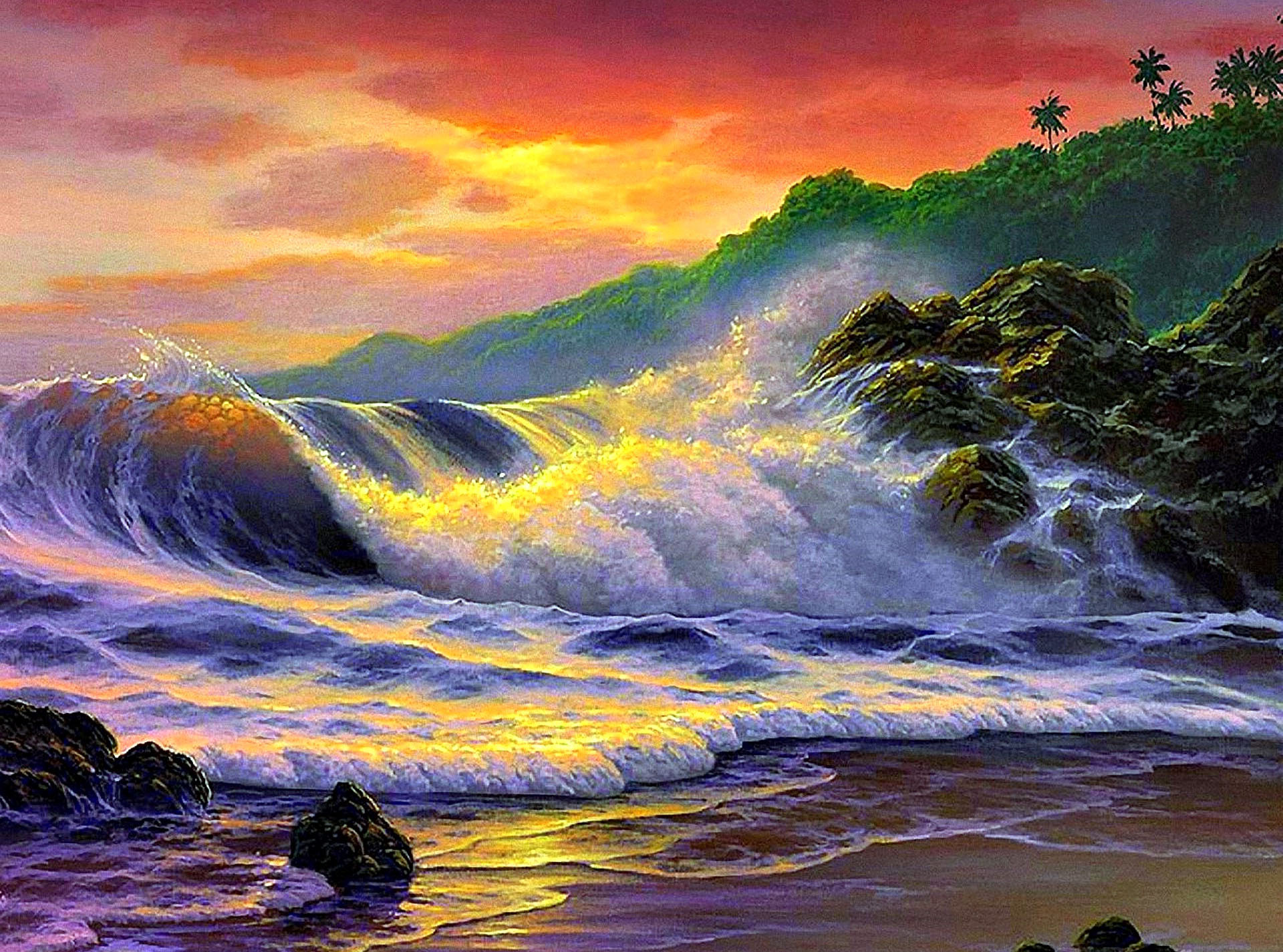 Laden Sie das Strand, Küste, Ozean, Malerei, Tropisch, Welle, Sonnenuntergang, Künstlerisch, Orange Farbe)-Bild kostenlos auf Ihren PC-Desktop herunter