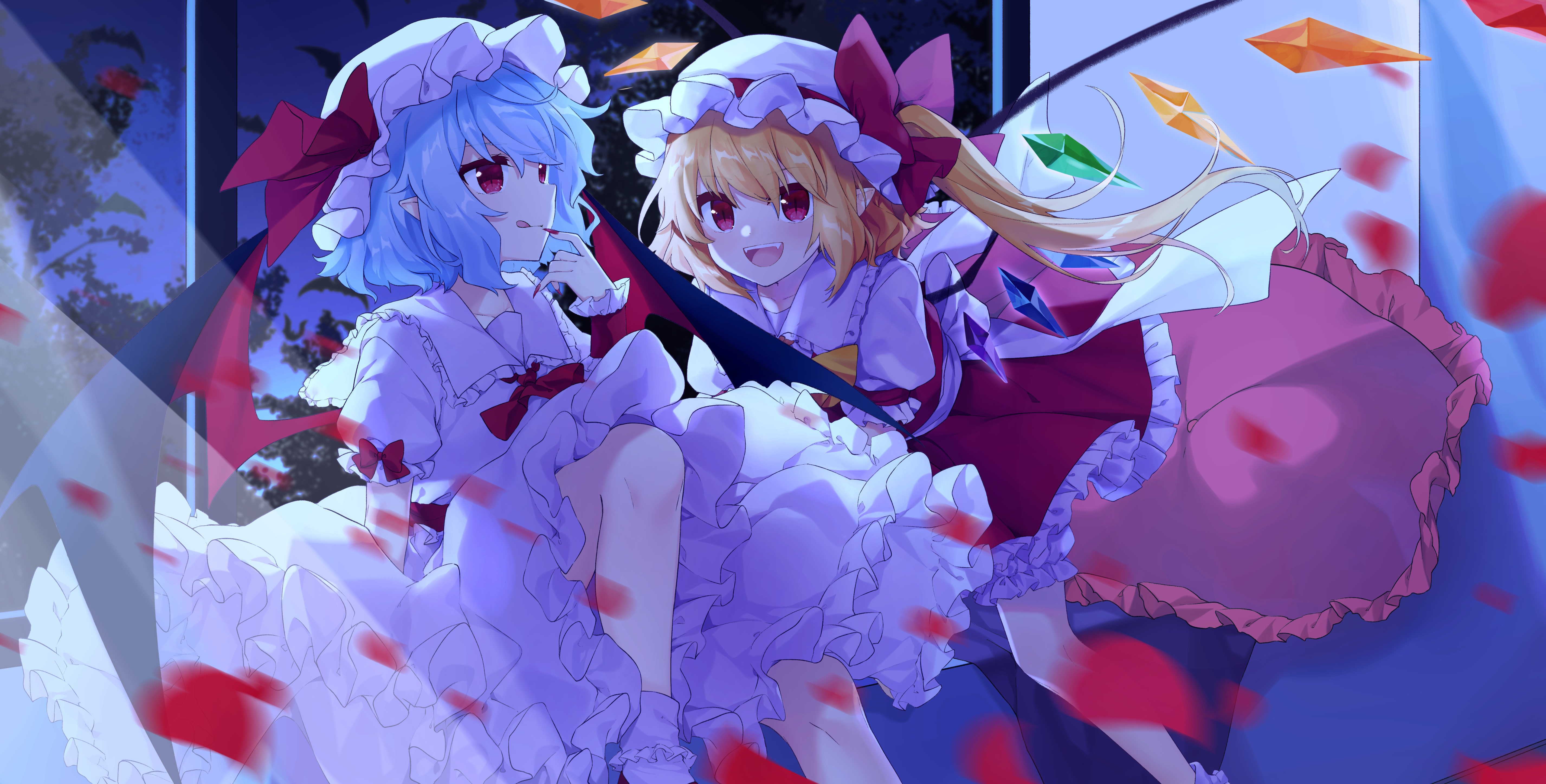 Download mobile wallpaper Anime, Blonde, Blue Hair, Remilia Scarlet, Flandre Scarlet, Touhou, Red Dress for free.