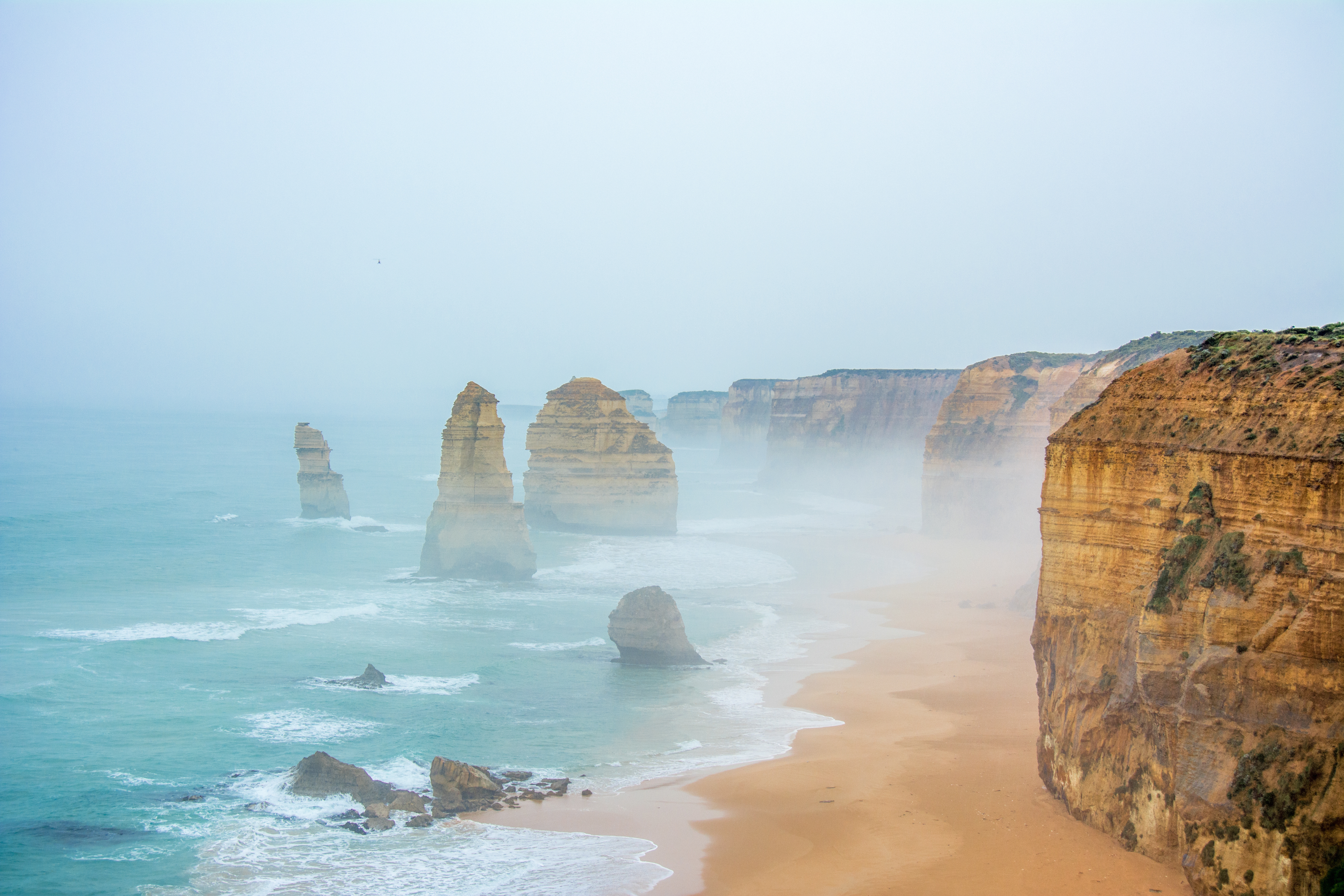 the twelve apostles, australia, earth, beach, cliff, fog, ocean