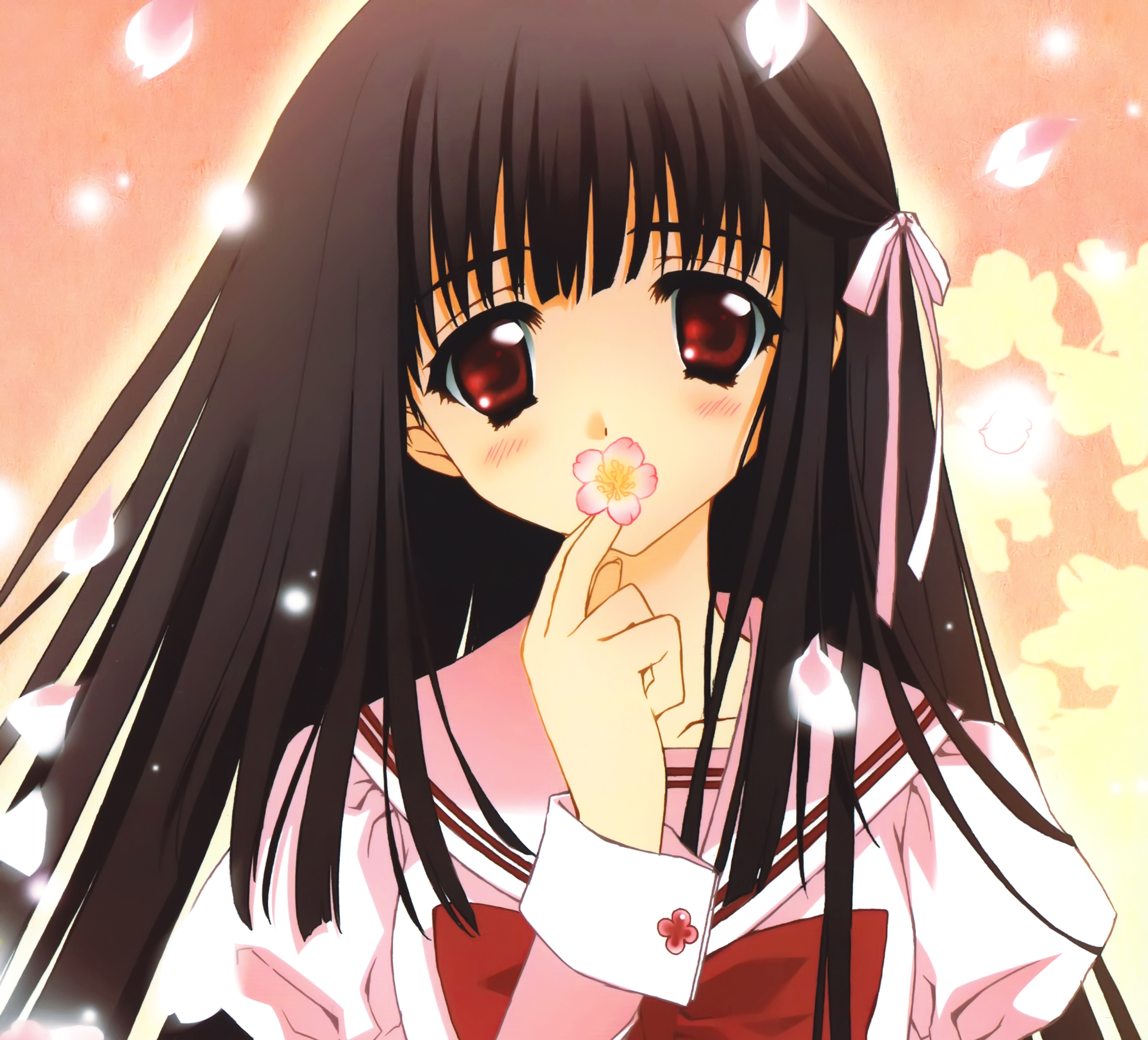 Download mobile wallpaper Anime, Cherry Blossom, Original, Blush, Red Eyes, Black Hair, Long Hair for free.