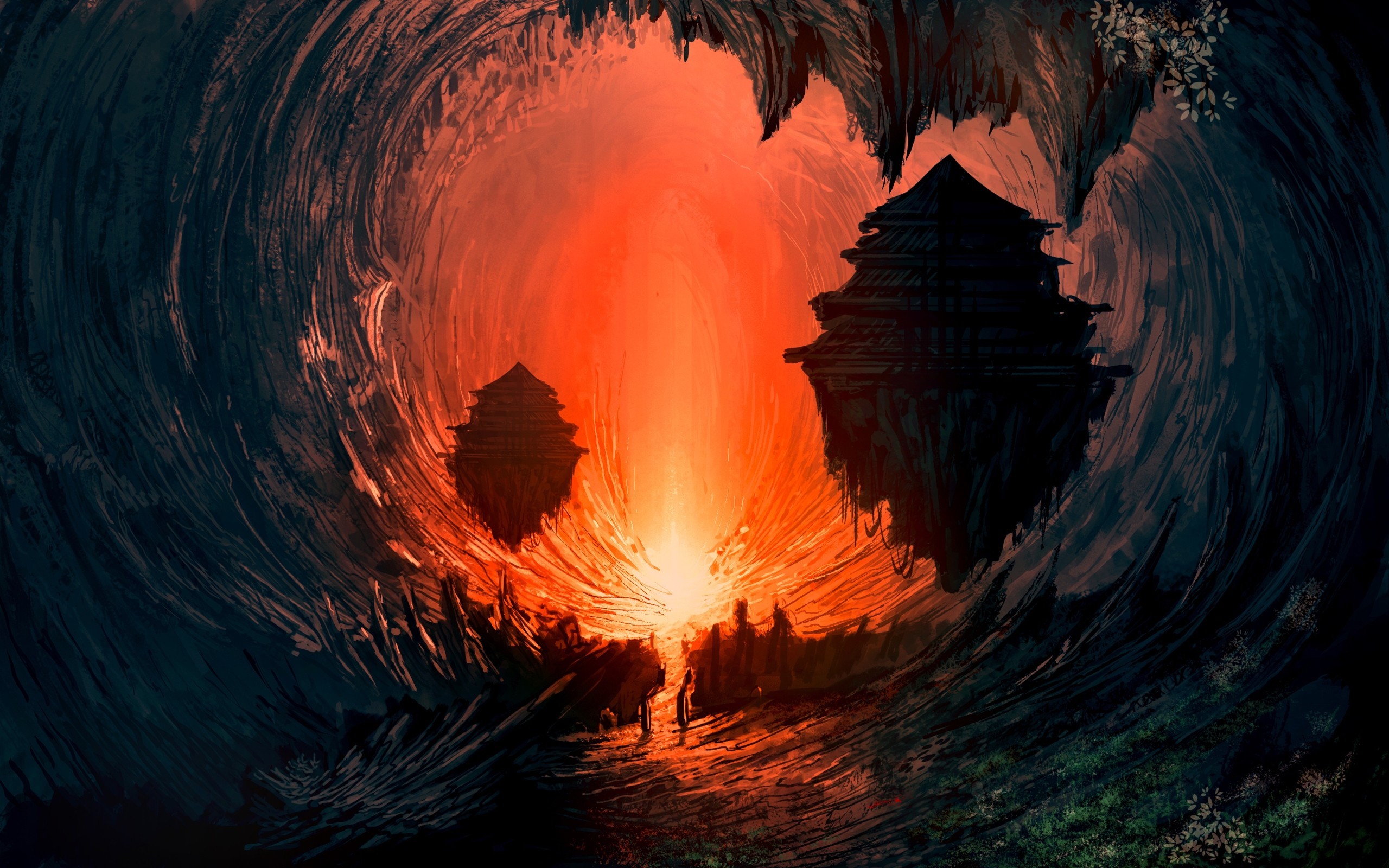 Free download wallpaper Landscape, Houses, Sunset, Fantasy on your PC desktop