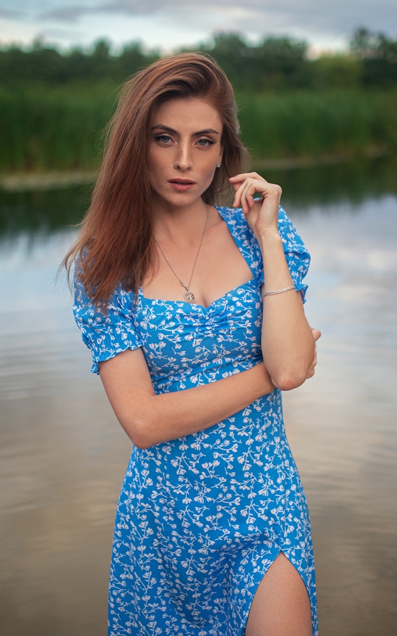 Download mobile wallpaper Redhead, Model, Women, Blue Dress for free.