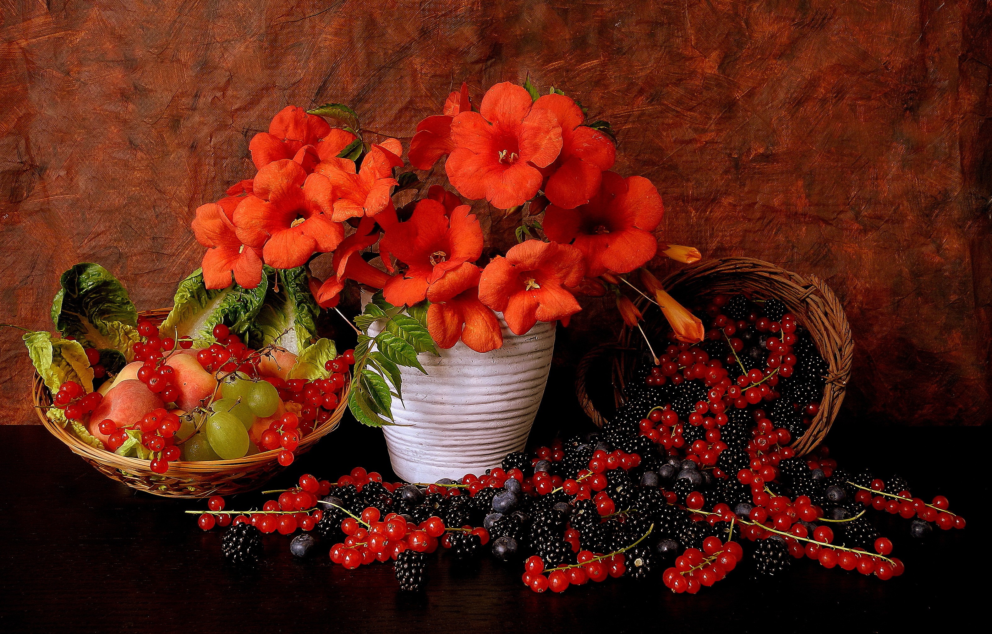 flower, photography, still life, basket, berry, currants, fruit, orange flower