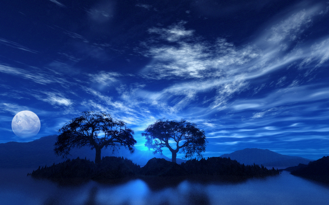 1514933 Hintergrundbild herunterladen blau, baum, mond, erde/natur, szene, nebel, himmel - Bildschirmschoner und Bilder kostenlos