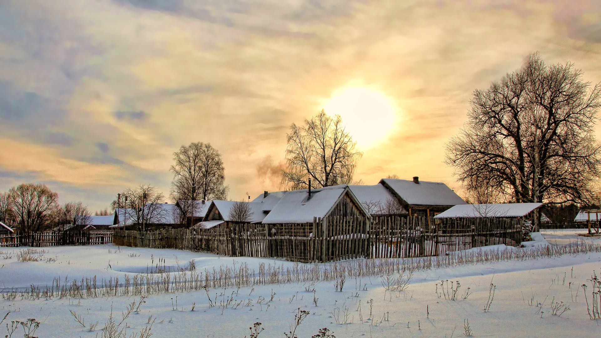 Free download wallpaper Winter, Sun, Snow, House, Village, Fence, Man Made on your PC desktop