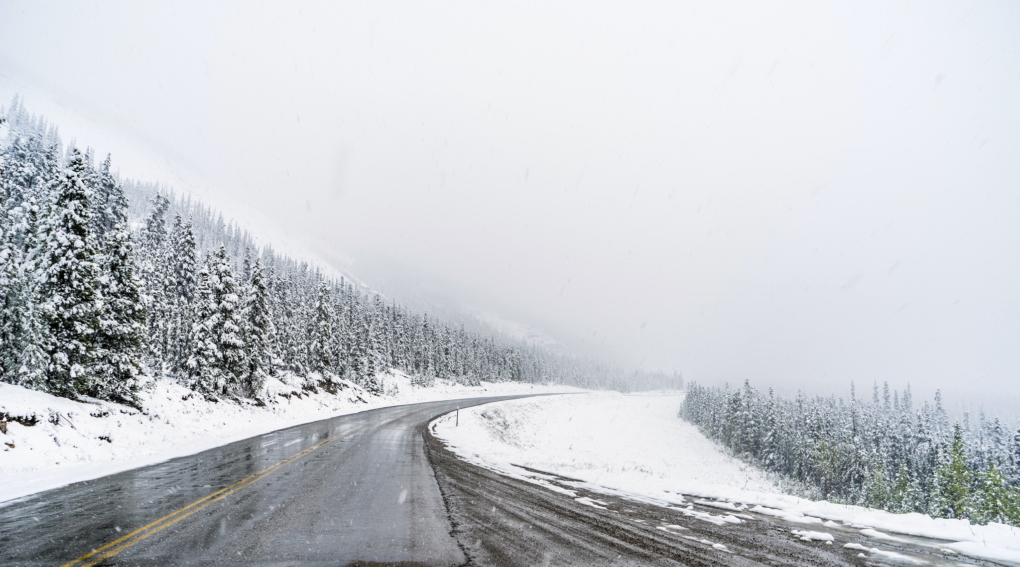 Laden Sie das Winter, Schnee, Straße, Wald, Nebel, Menschengemacht-Bild kostenlos auf Ihren PC-Desktop herunter