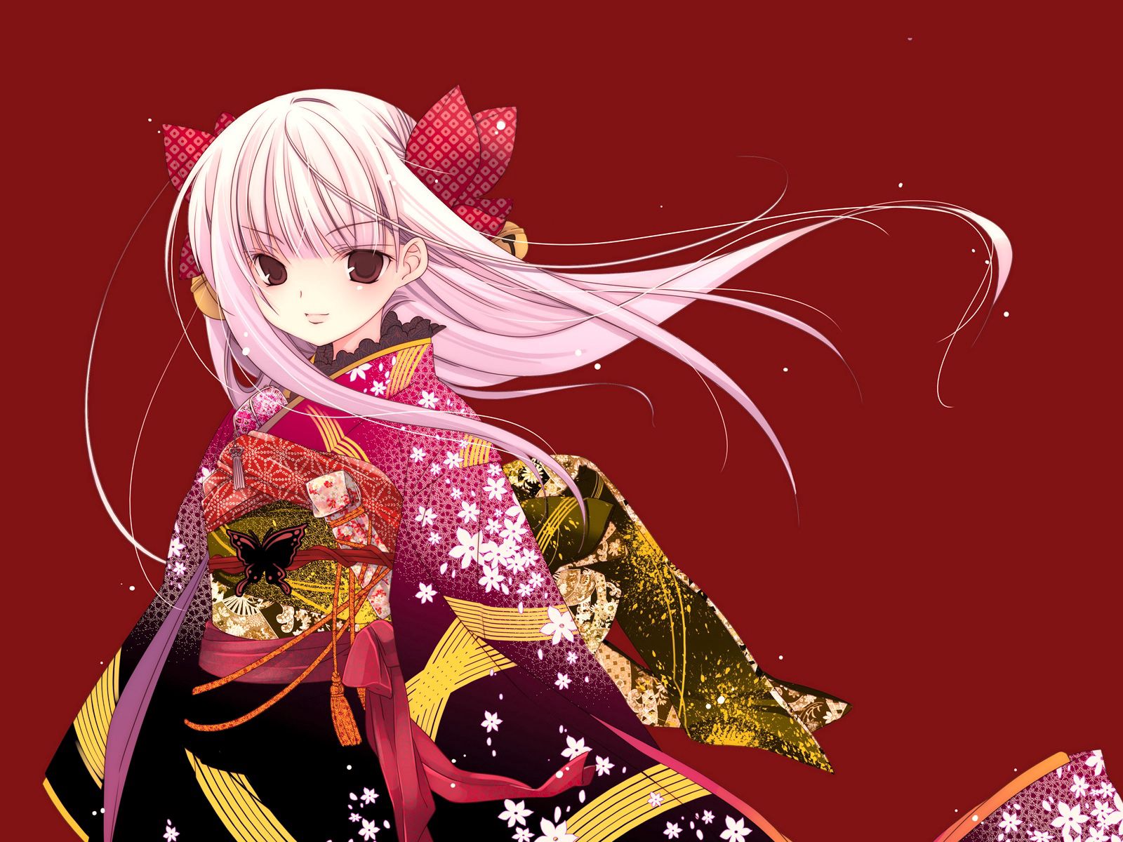 Laden Sie das Bogen, Blond, Kimono, Mädchen, Hintergrund, Anime-Bild kostenlos auf Ihren PC-Desktop herunter