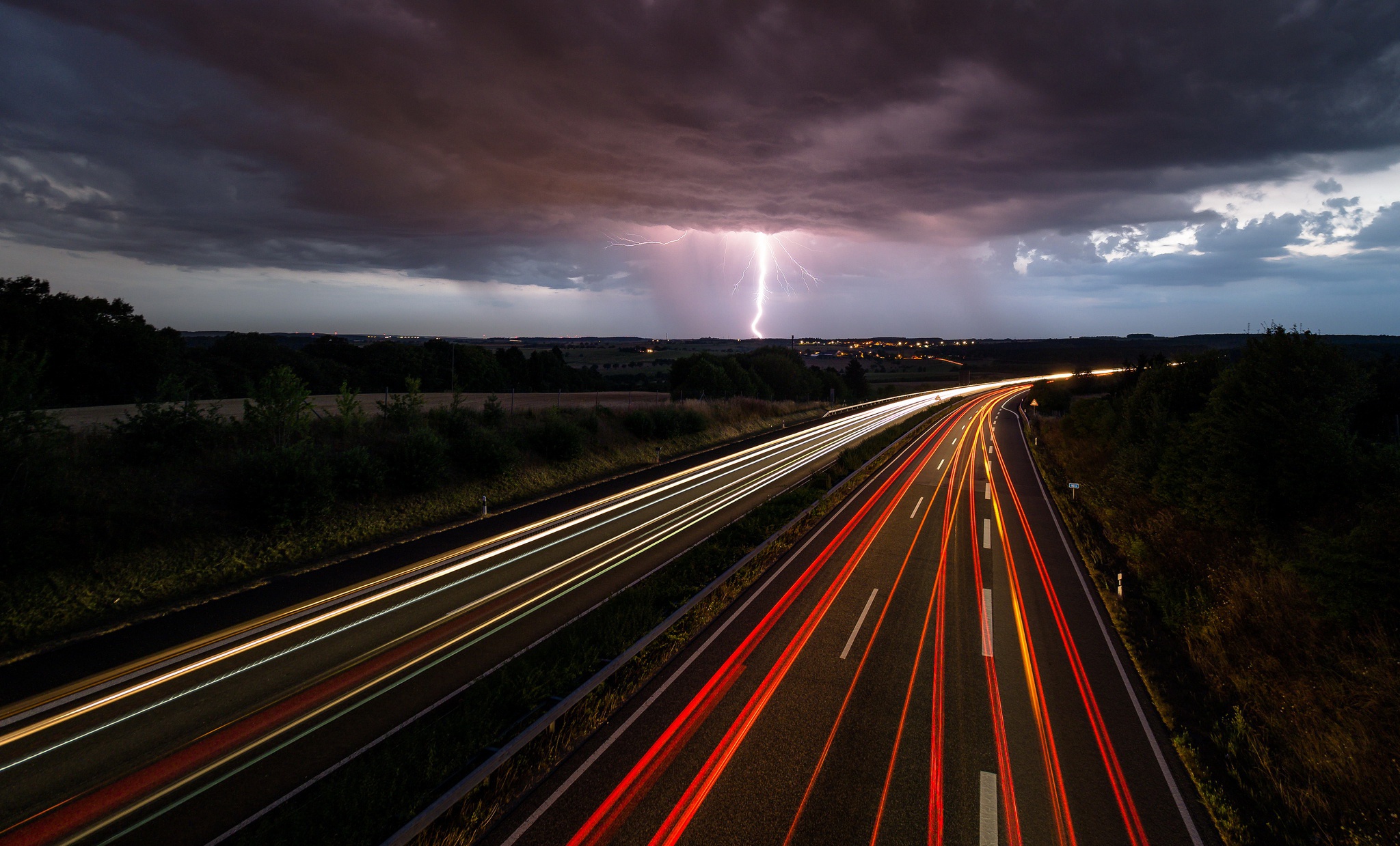 Download mobile wallpaper Night, Lightning, Light, Cloud, Photography, Highway, Time Lapse for free.