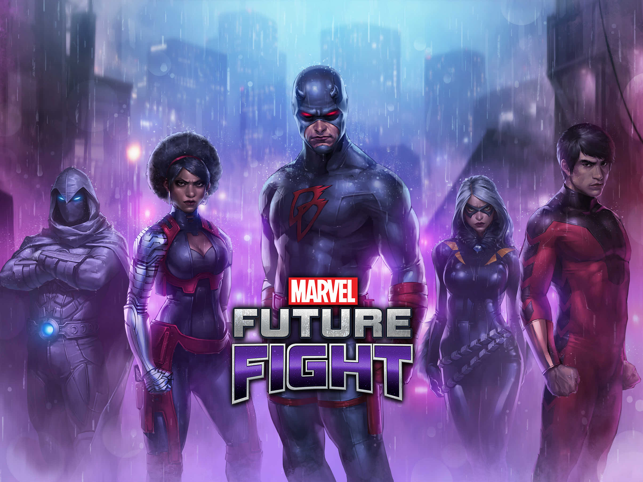 video game, marvel: future fight, black cat (marvel comics), daredevil, misty knight, moon knight, rain, shang chi