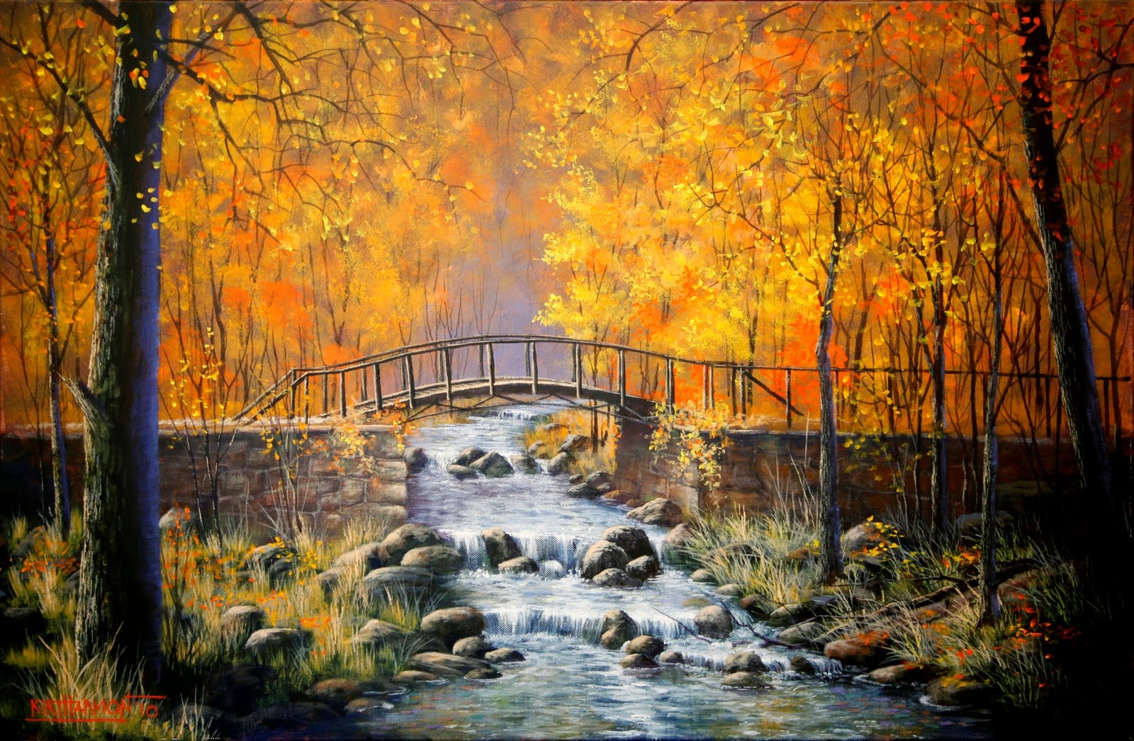 Free download wallpaper Forest, Tree, Fall, Bridge, Stream, Painting, Artistic, River on your PC desktop