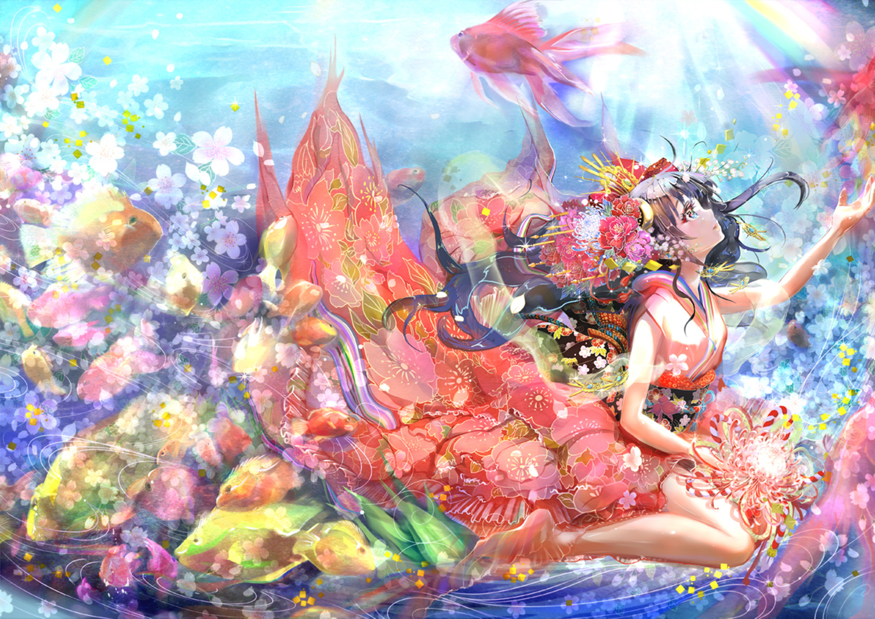 Download mobile wallpaper Anime, Water, Flower, Colorful, Sunlight, Fish, Dress, Original for free.