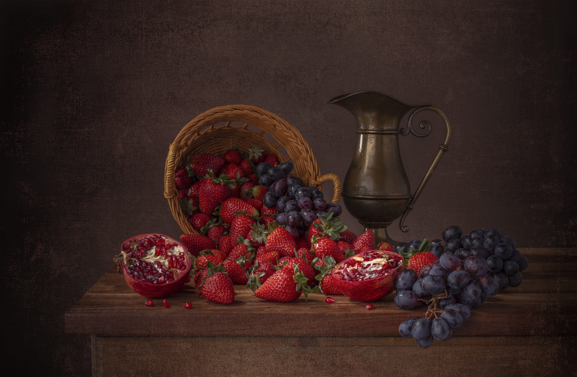 Download mobile wallpaper Food, Strawberry, Grapes, Still Life, Berry, Pomegranate for free.