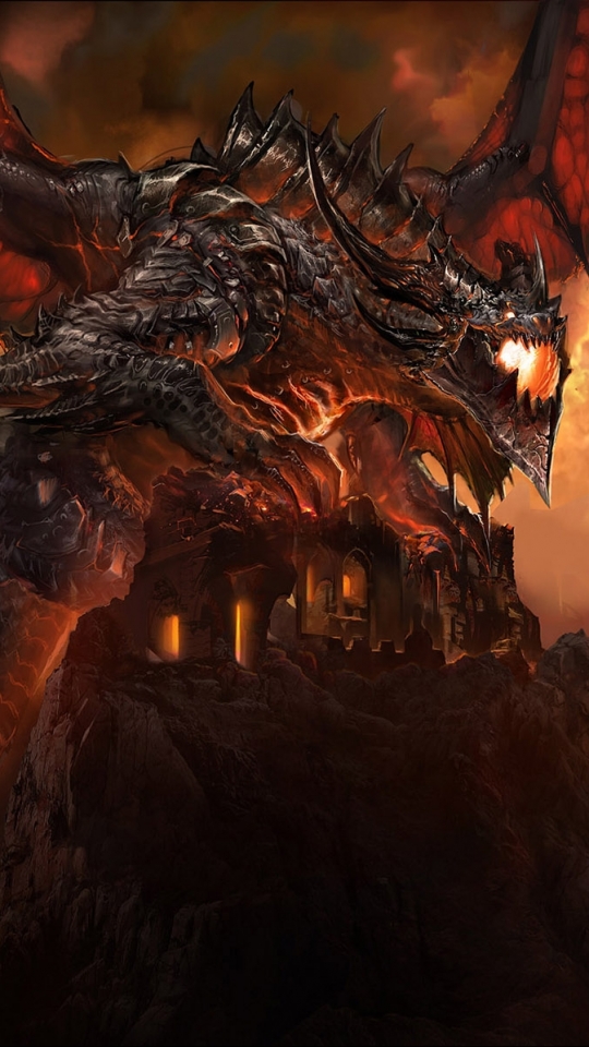 Download mobile wallpaper Fantasy, Sky, Fire, Warcraft, Dragon, World Of Warcraft, Deathwing (World Of Warcraft) for free.