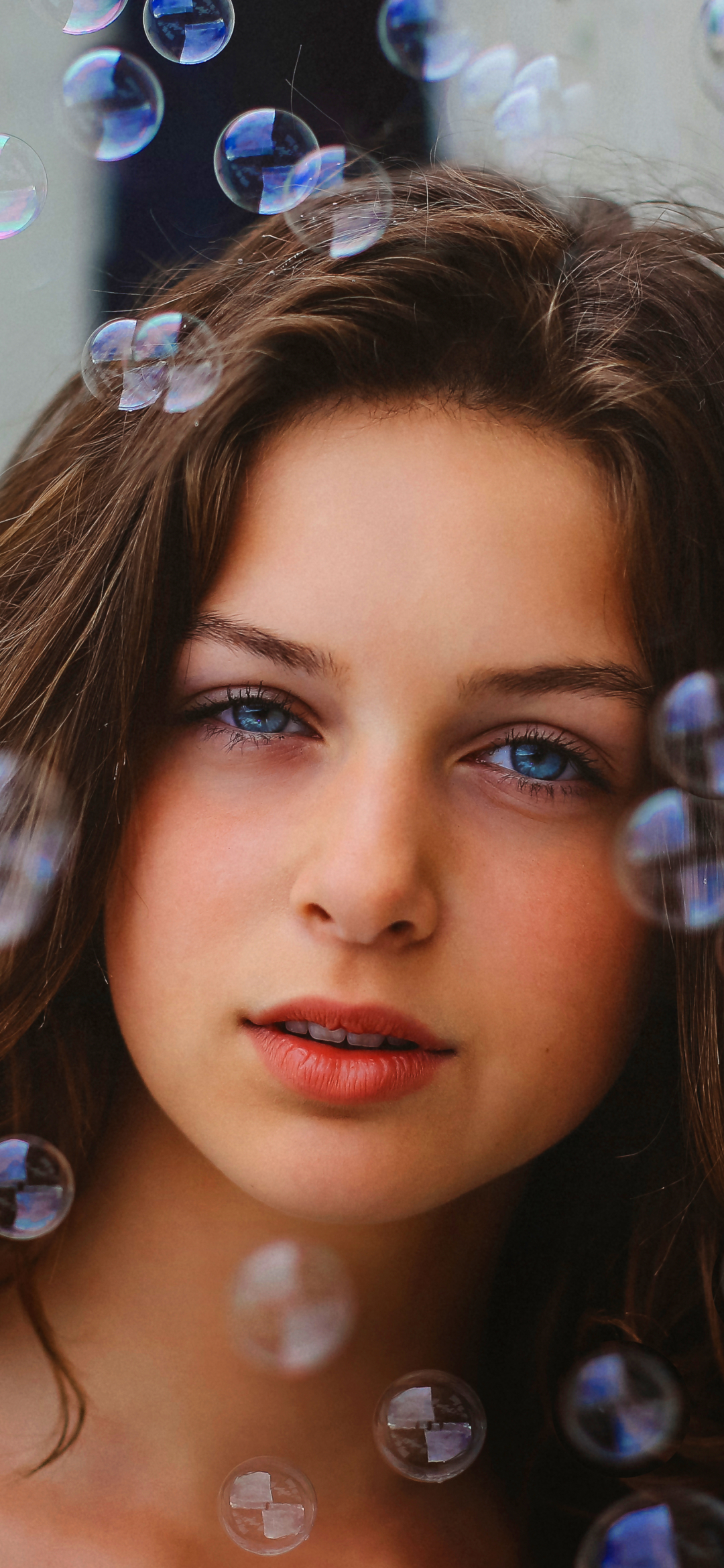 Download mobile wallpaper Face, Brunette, Bubble, Model, Women, Blue Eyes for free.