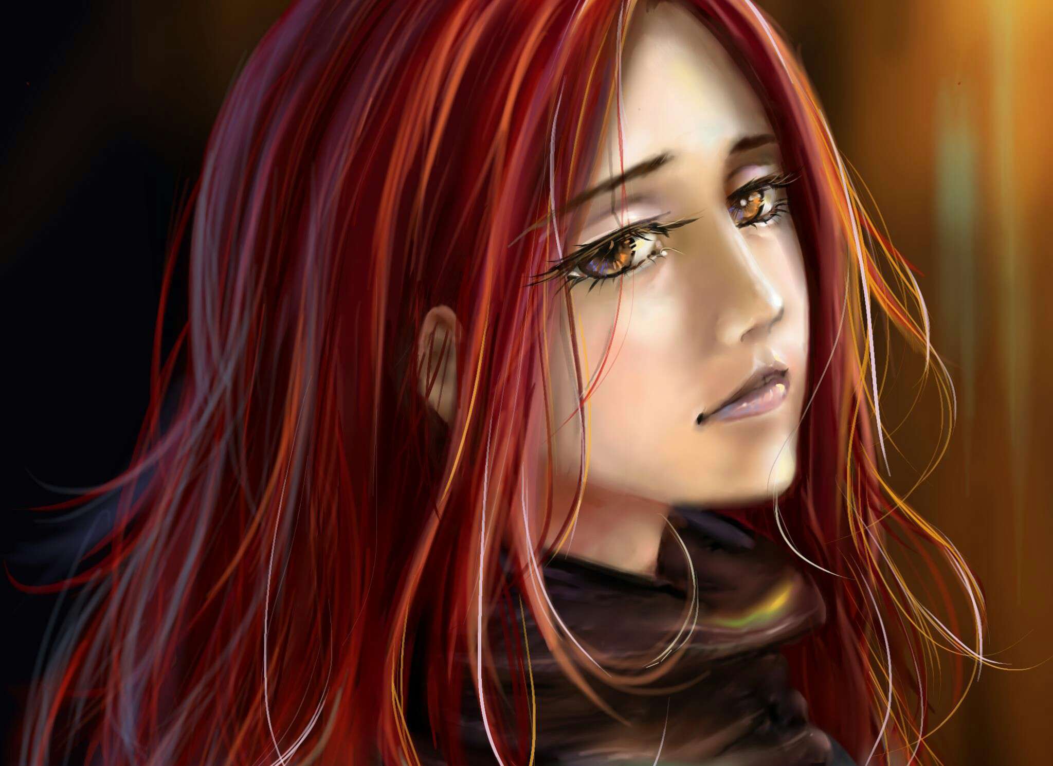 Free download wallpaper Painting, Sad, Artistic, Face, Women, Brown Eyes, Red Hair on your PC desktop