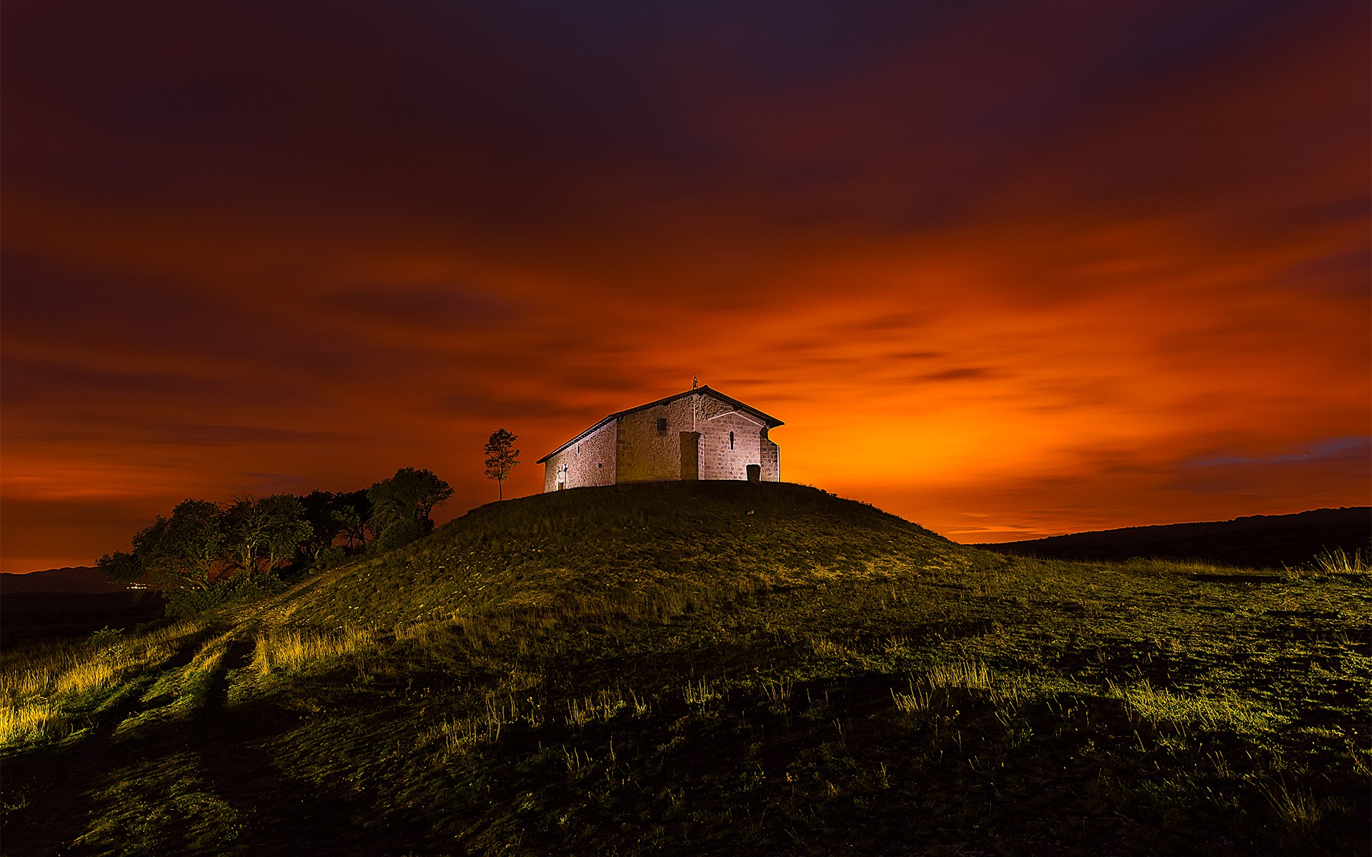Download mobile wallpaper Sunset, Tree, House, Hill, Man Made for free.