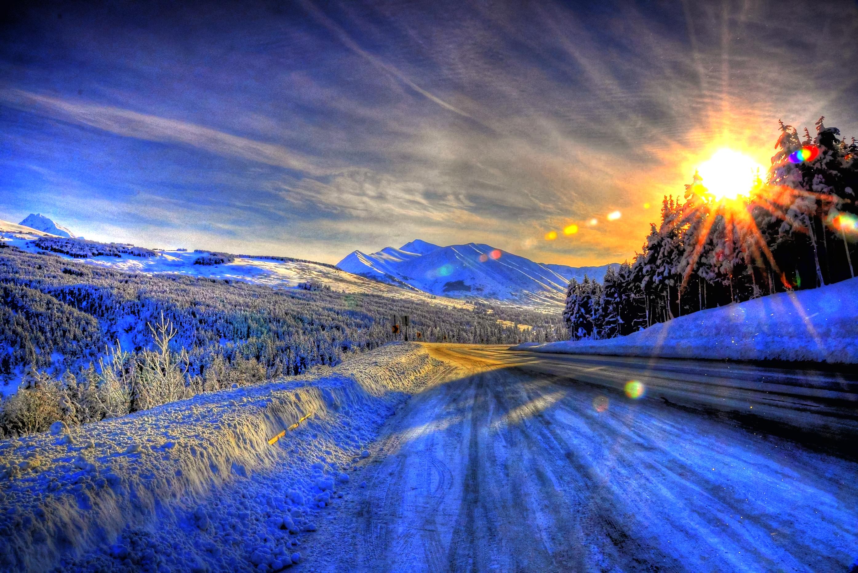 Download mobile wallpaper Winter, Sunset, Snow, Road, Tree, Man Made for free.