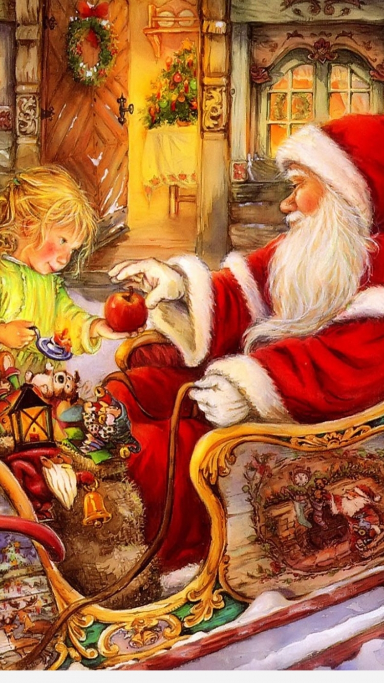 Handy-Wallpaper Feiertage, Weihnachtsmann, Spielzeug, Weihnachten, Kind, Schlitten kostenlos herunterladen.